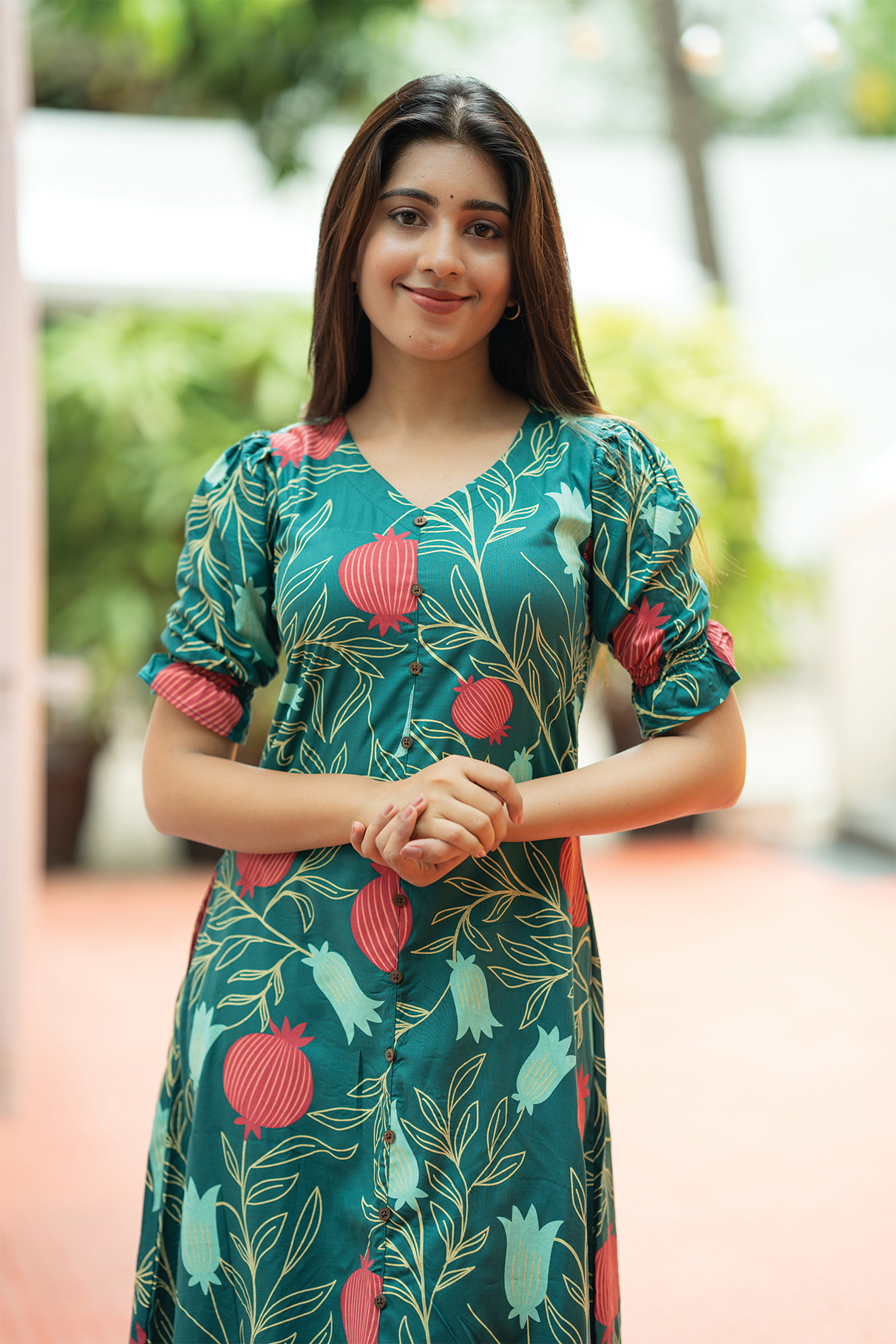 Pomo Blooming Teal Green Viscose Printed A-line Kurti