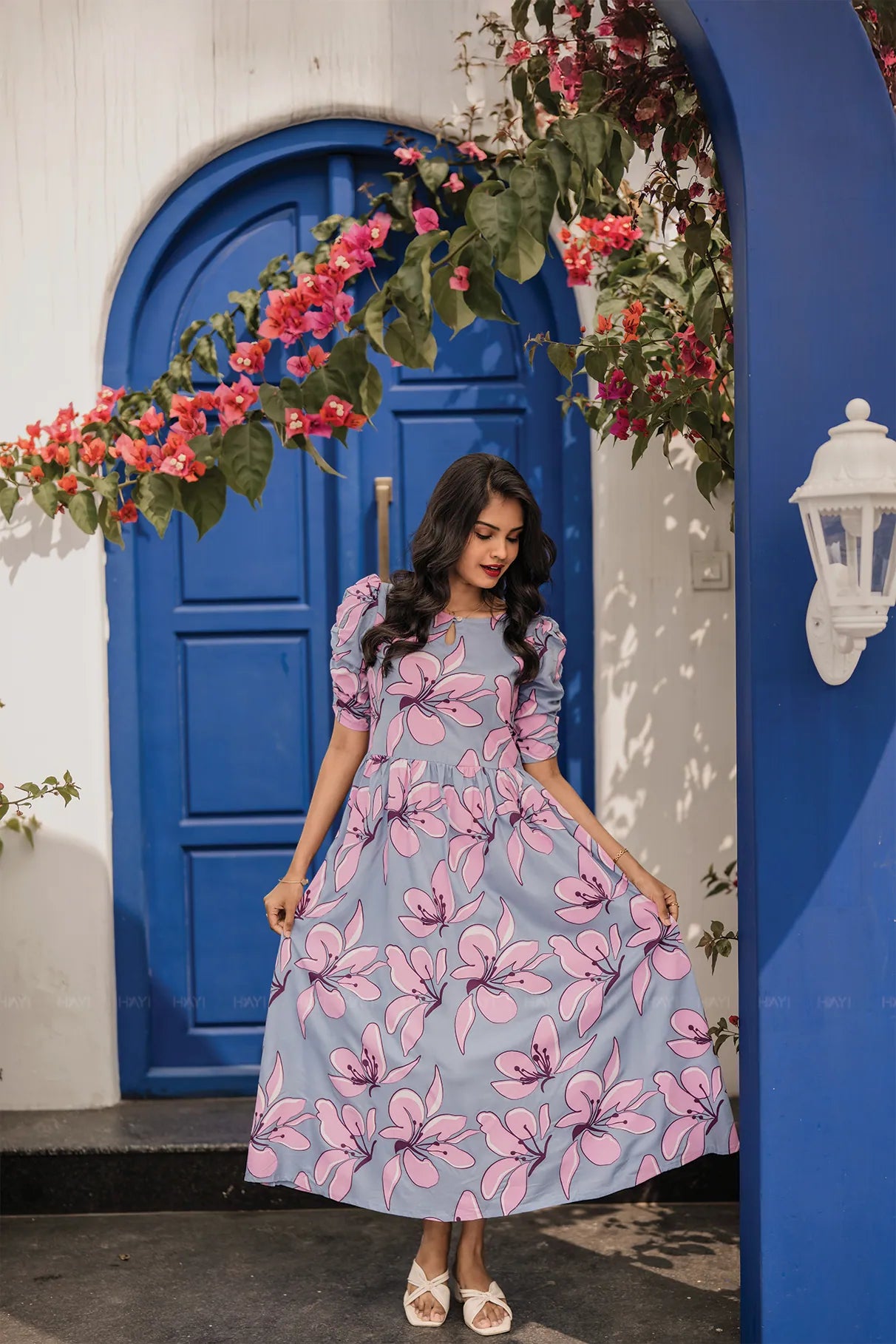 Drifting Blossoms Blue Viscose Dress with Boat Neck &amp; Ruched Sleeves