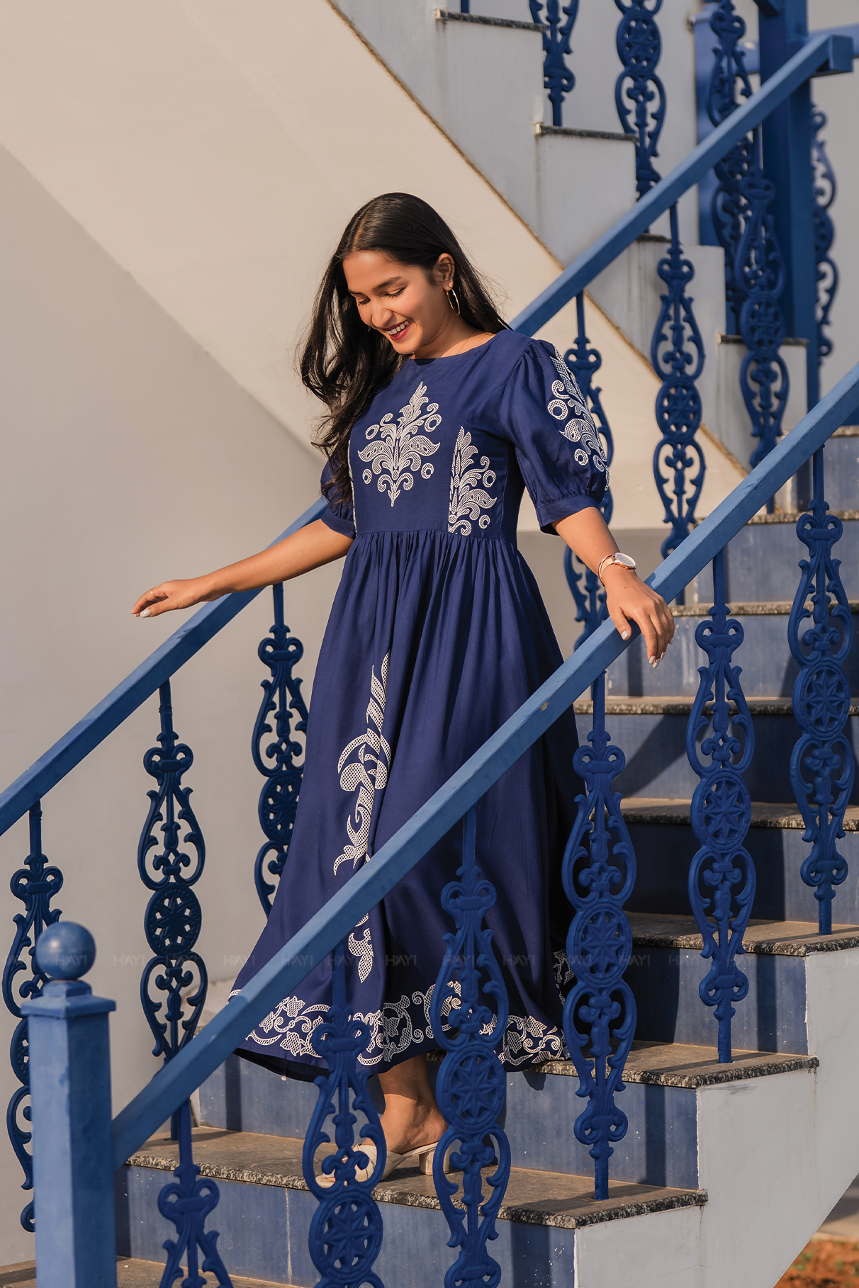 Ornate Panel Blue Viscose Dress with Boat Neck &amp; Puff Sleeves