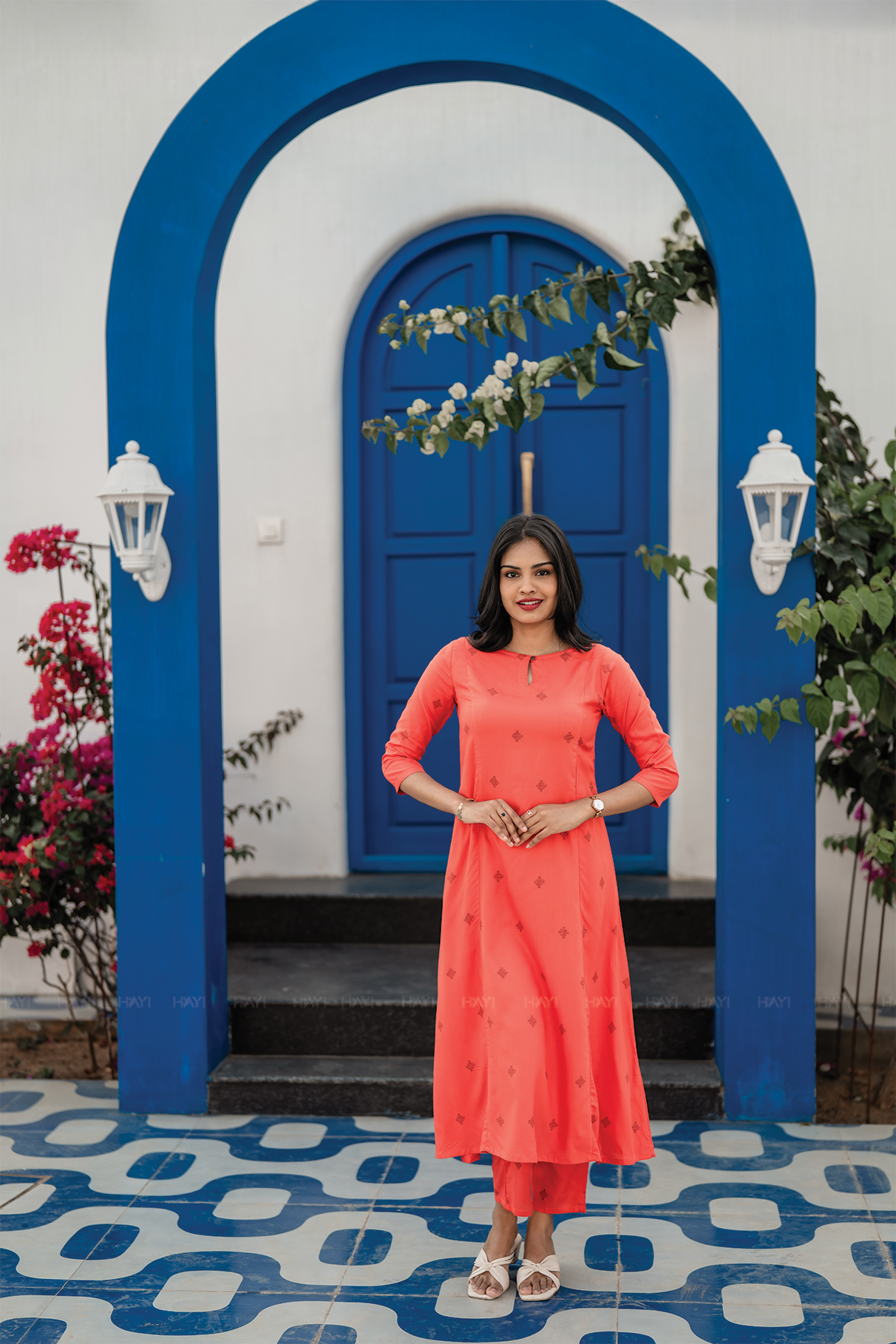 Orange Flow Viscose Co-ord with Boat Neck &amp; 3/4th Sleeves