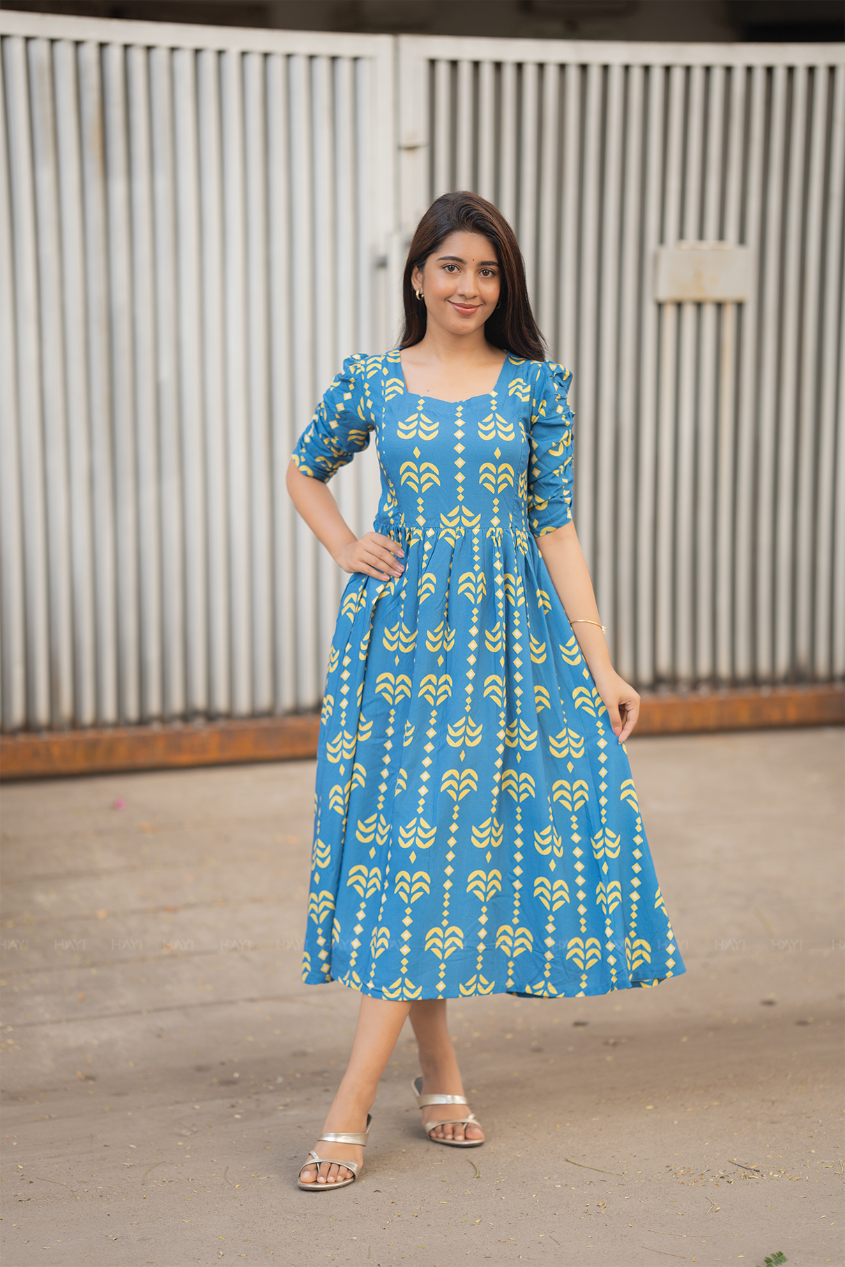 Rhythm Weave Blue Printed Maternity and Feeding Viscose Dress