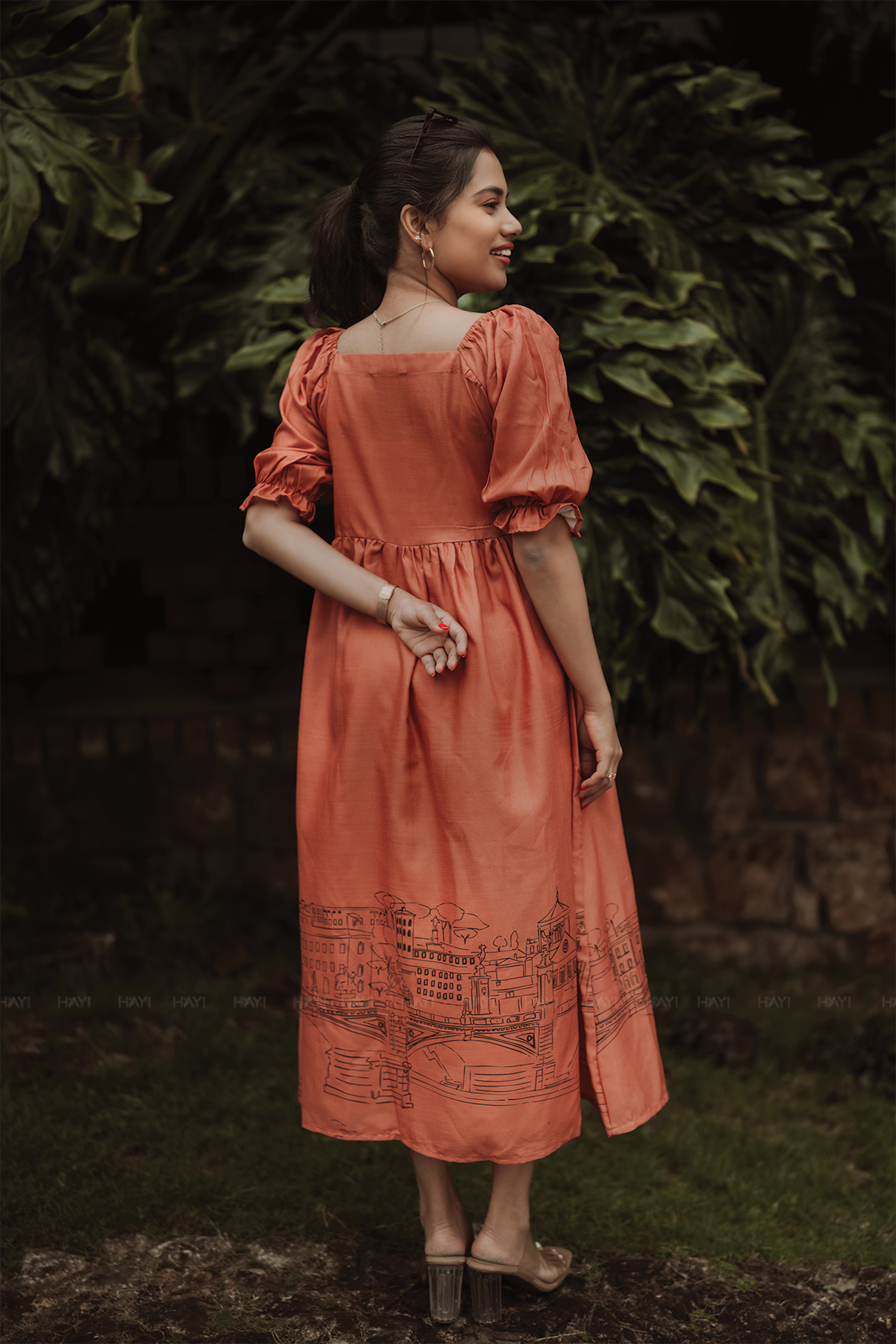 Rustic Cityline Orange Viscose with Square Neck &amp; Puff Frill Sleeves
