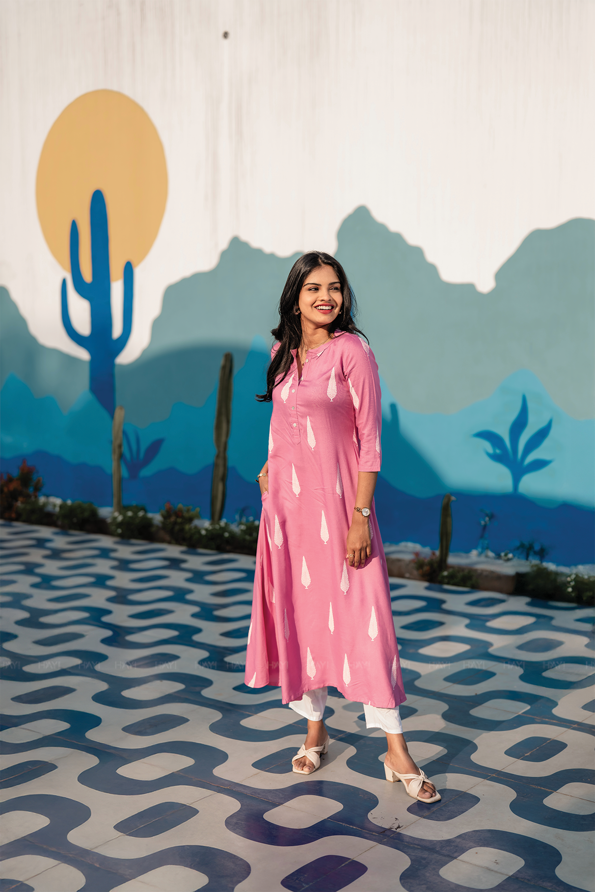 Blush Fern Onion Pink Viscose A-Line Kurta with Chinese Collar &amp; 3/4th Sleeves