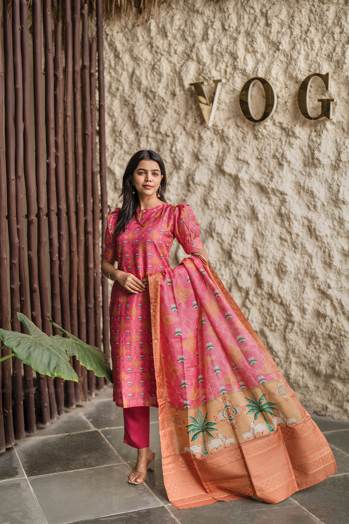 Pink Heritage 3 Piece Tissue silk blend printed Kurta with Pant &amp; Dupatta