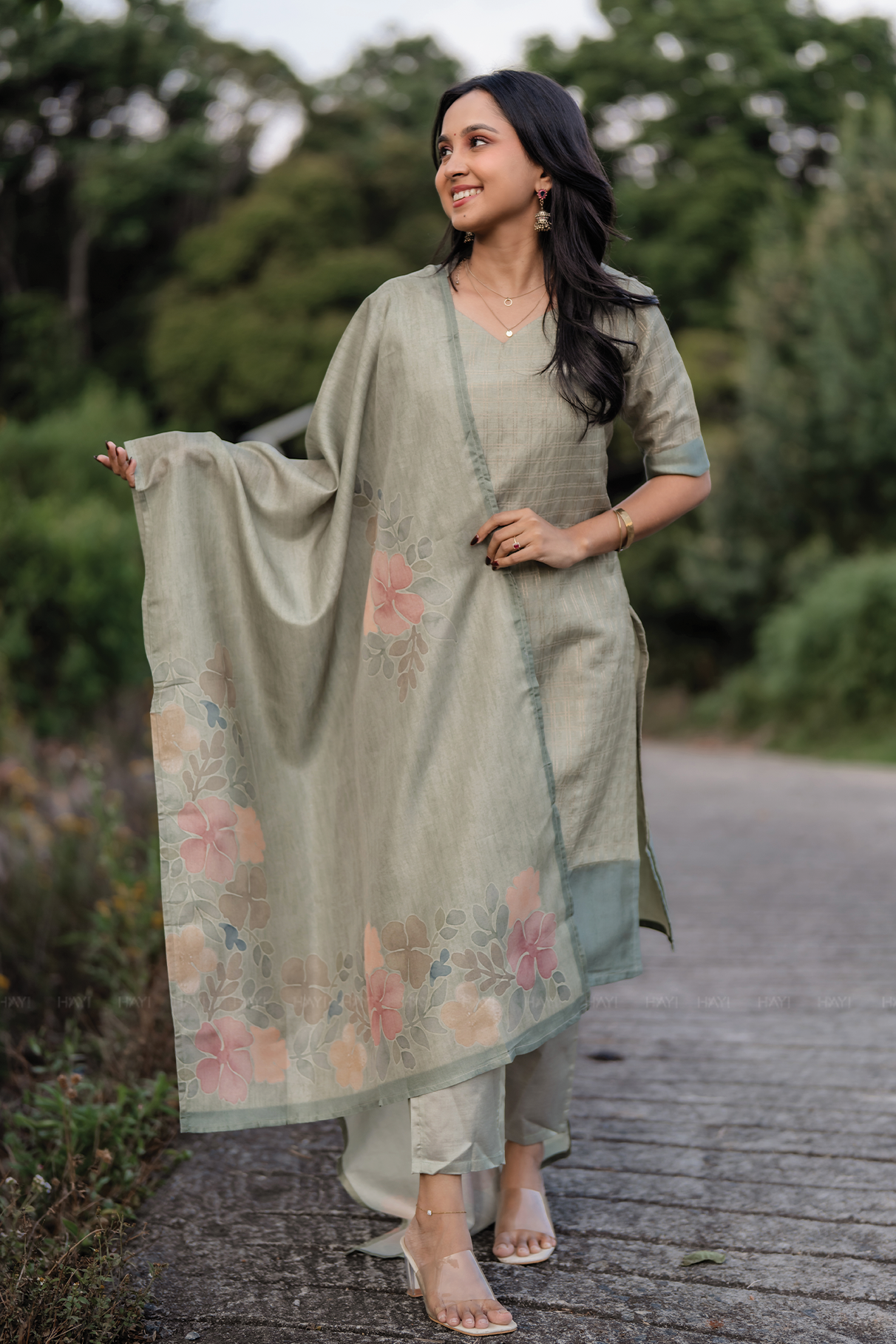 Olive Green 3 Piece Tussar Silk Printed Kurta Set with Dupatta