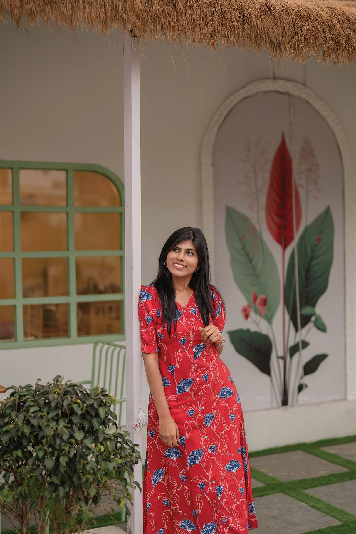 Cranberry Red Viscose A-Line kurta with V-Neck &amp; Elasticated Frill Sleeves