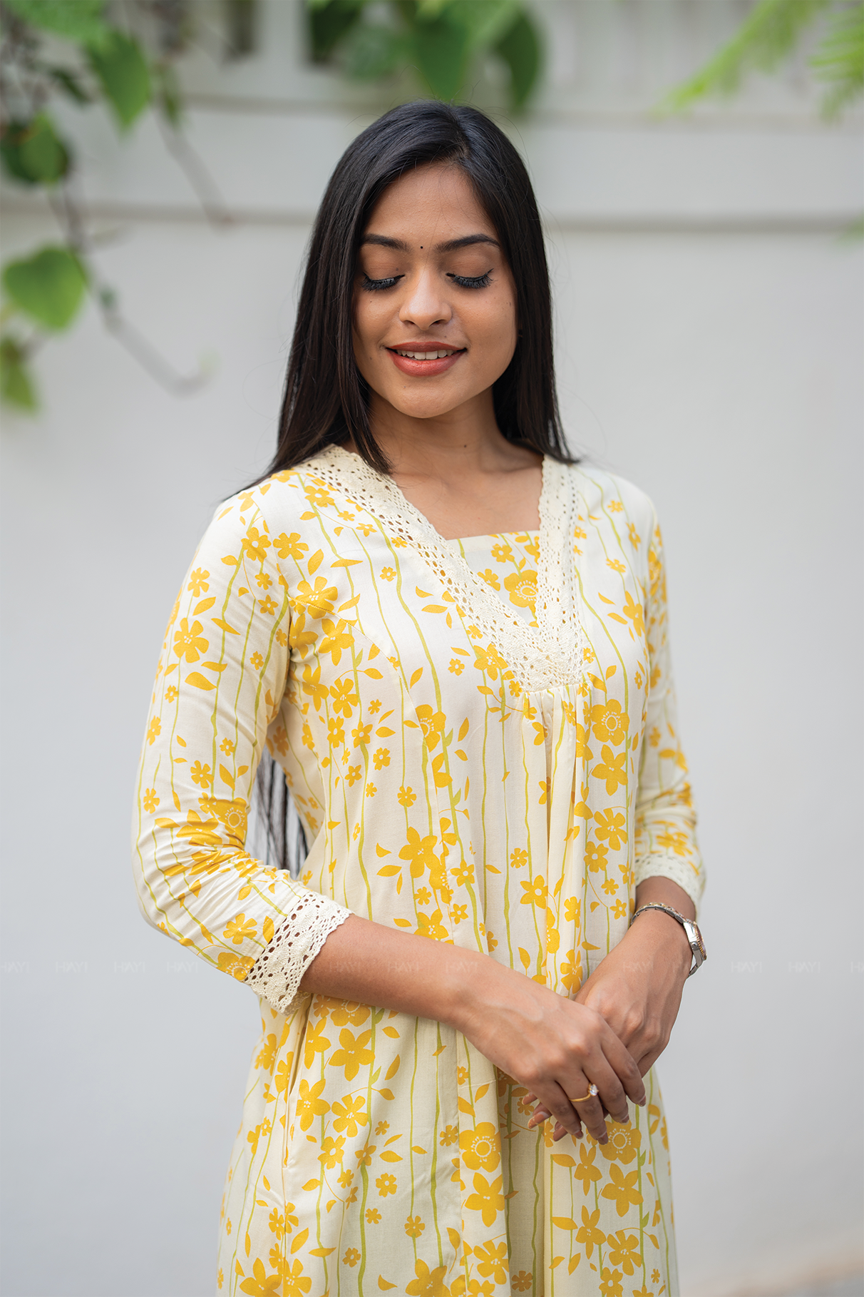 Liora Floral Line Yellow Viscose A-Line Kurta with V-Neck &amp; 3/4th Sleeves