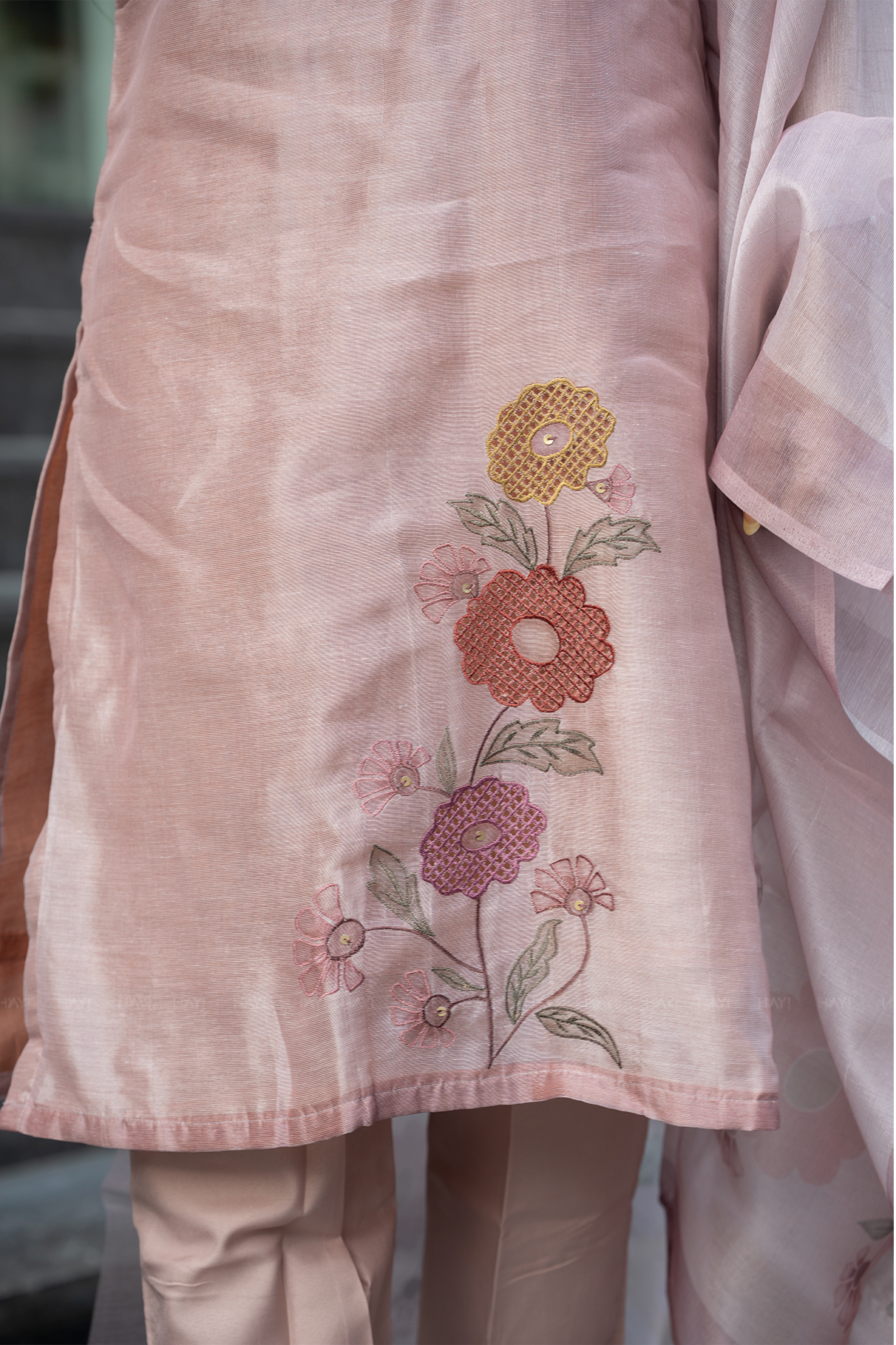 Roselight Embroidered 3 Piece Tussar Silk Blend Kurta Set with Dupatta