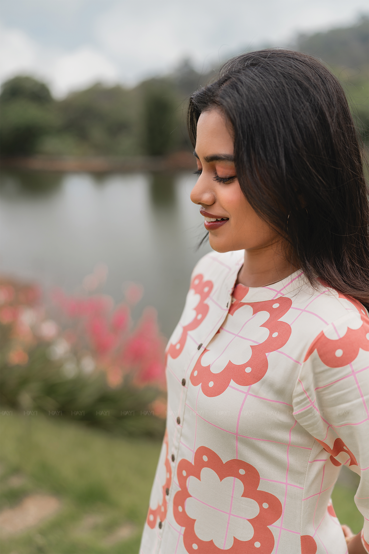 Floracheck Enchant Beige Viscose A-Line Kurta with Chinese Collar &amp; 3/4th Sleeves