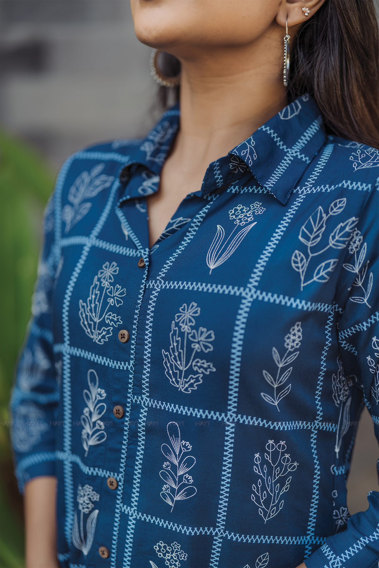 Monarch Shadow Blue Viscose Co-ord with Shirt Collar &amp; 3/4th Sleeves