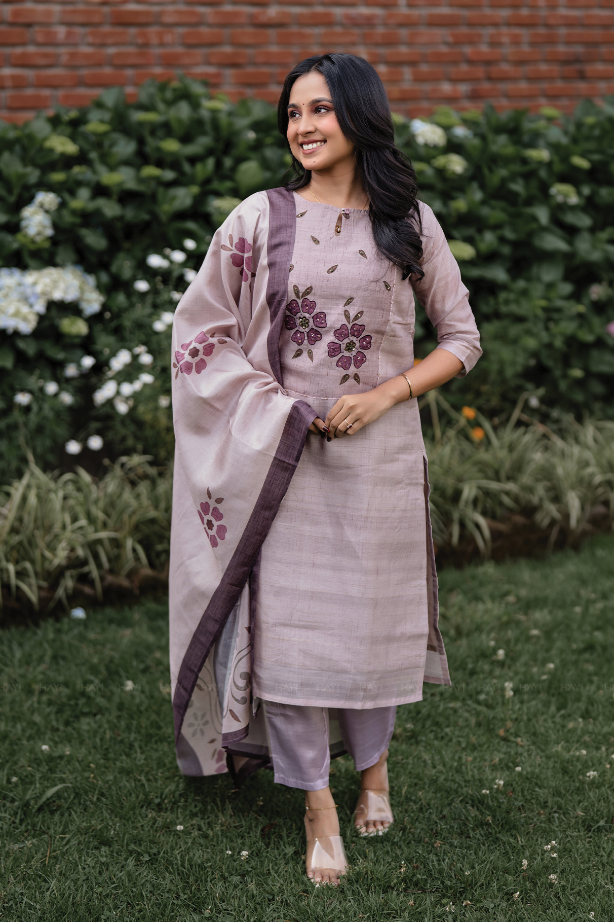 Rosey Mauve Embroidered Tussar Silk Kurta Set
