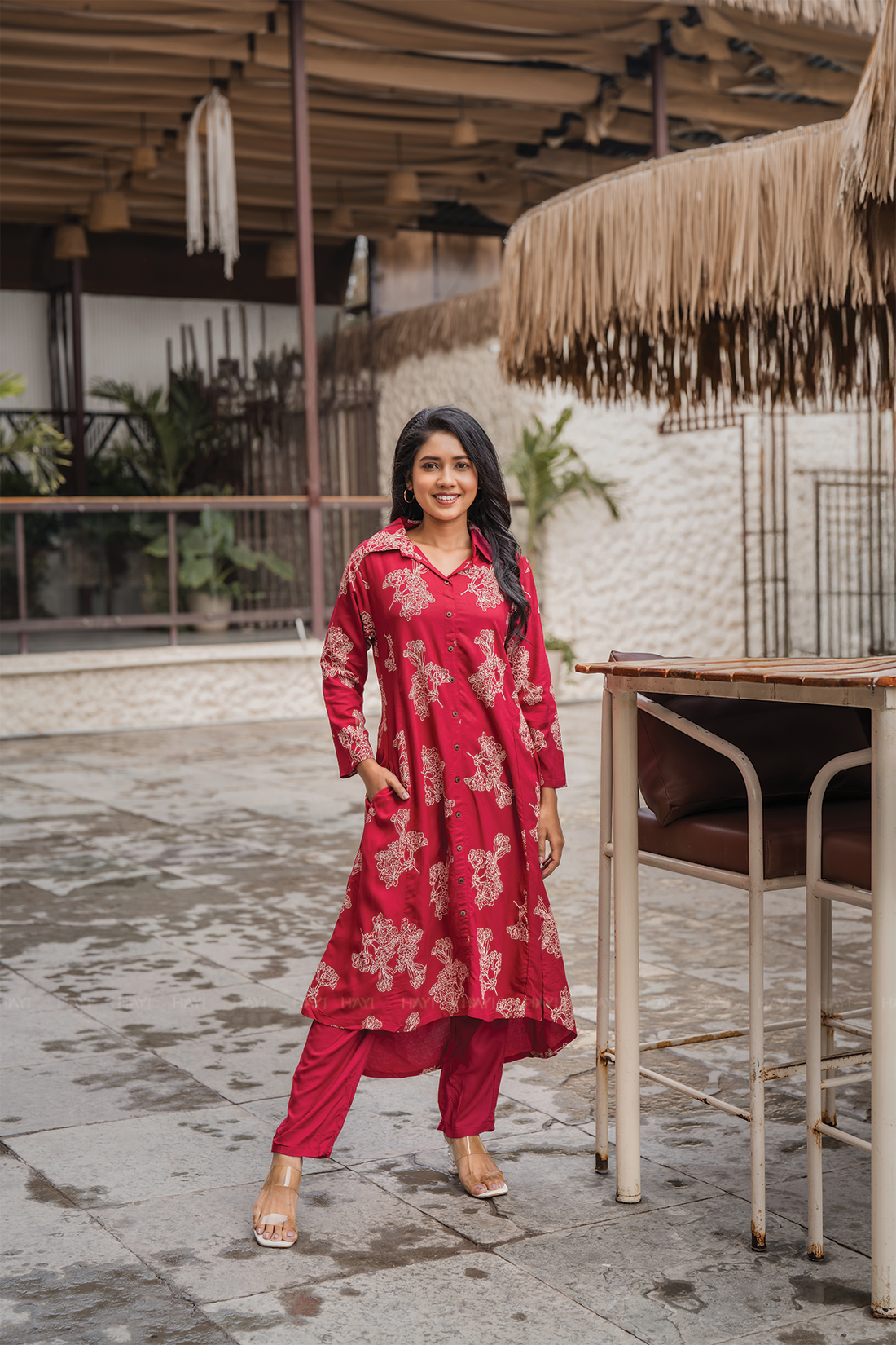 Flora Ensemble Red Viscose Co-ord with Shirt Collar &amp; 3/4th Sleeves