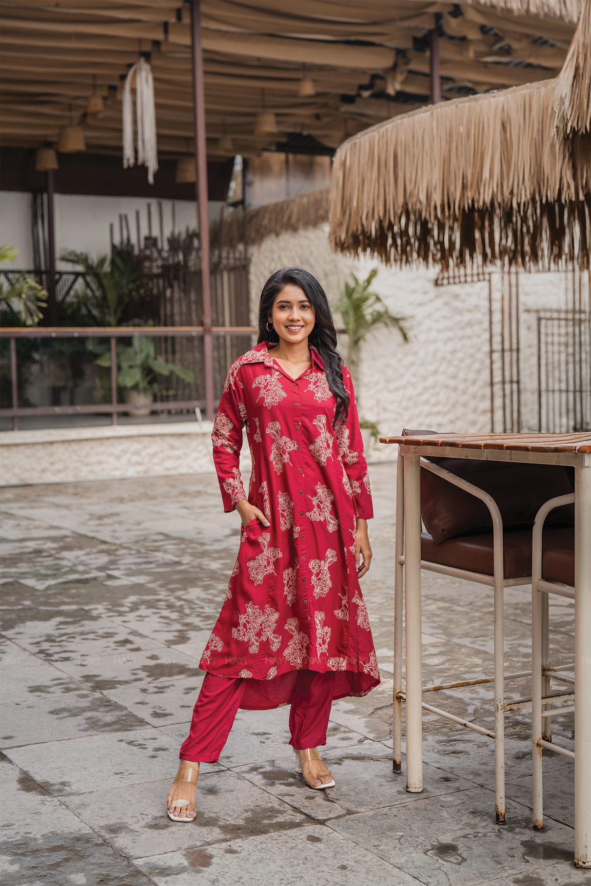 Flora Ensemble Red Viscose Co-ord with Shirt Collar &amp; 3/4th Sleeves