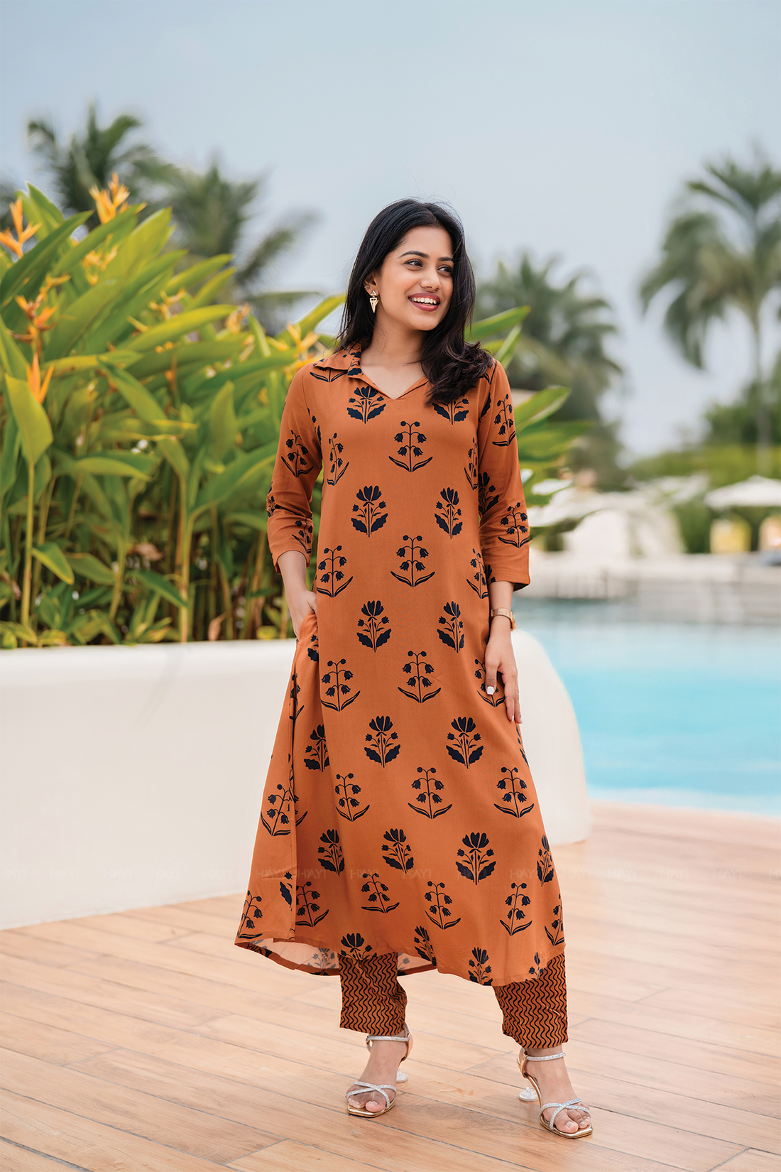 Muds Tone Orange Viscose Co-ord with Shirt Neckline &amp; 3/4th Sleeves