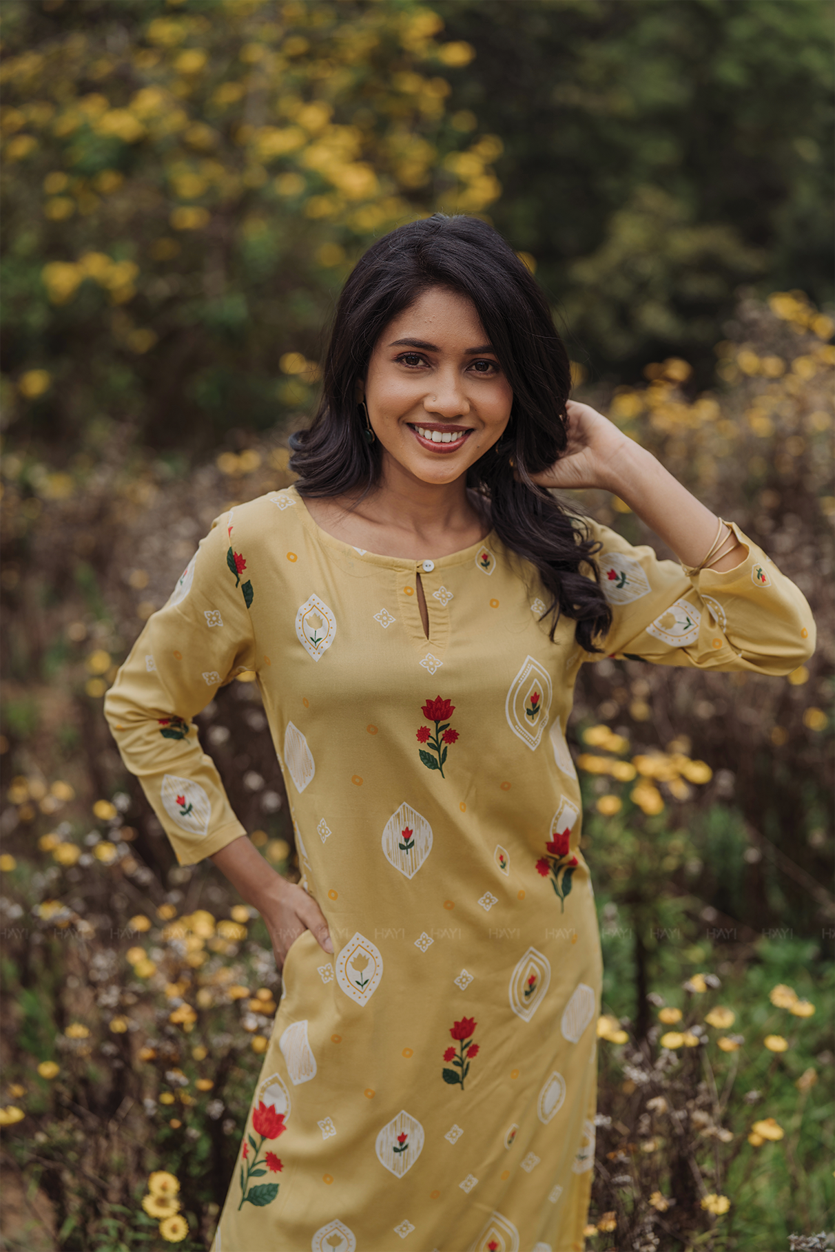 Lumea Bloom Yellow Viscose Co-ord with Boat Neck &amp; 3/4th Sleeves