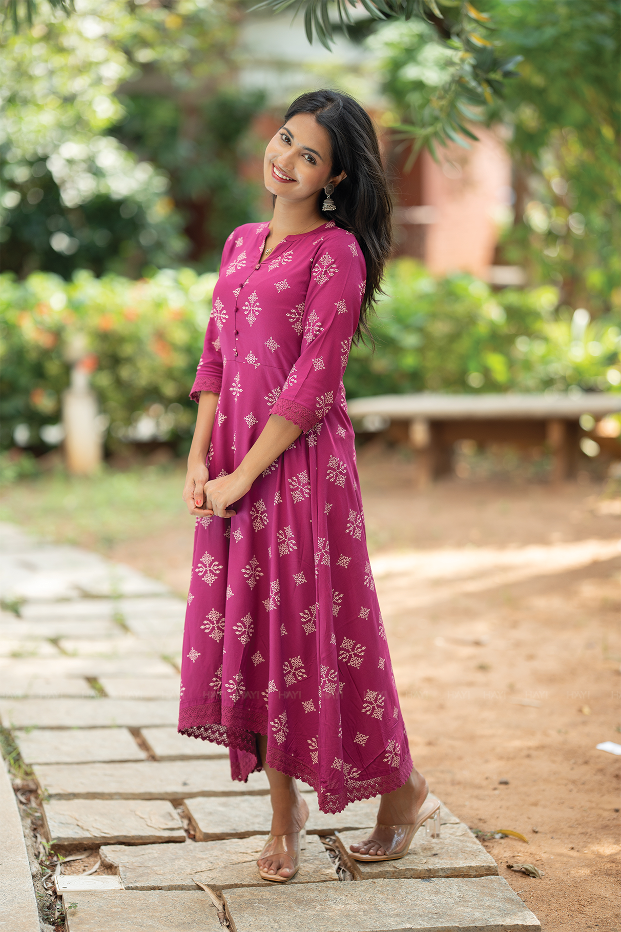 Celeste Violetta Violet Viscose Dress with Chinese Collar Neck &amp; 3/4 Sleeves