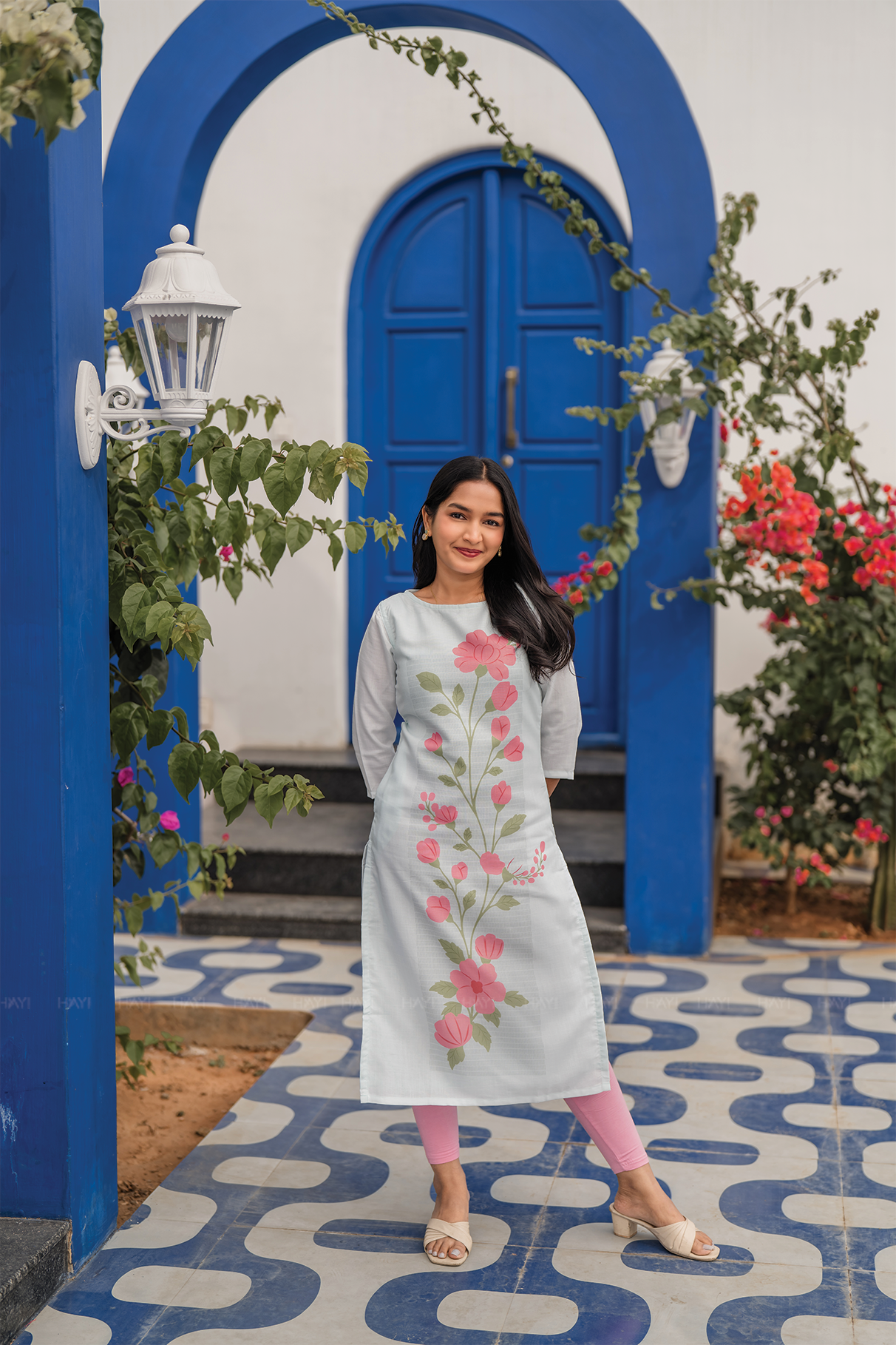 Floral Trail Blue Viscose Kurta with Boat Neck &amp; 3/4 Sleeves