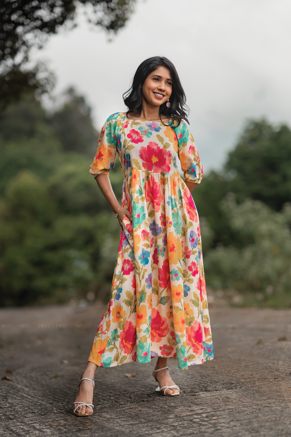 Sunblossom Breeze Beige Viscose Floral Dress with Square Neck &amp; Puff Sleeves