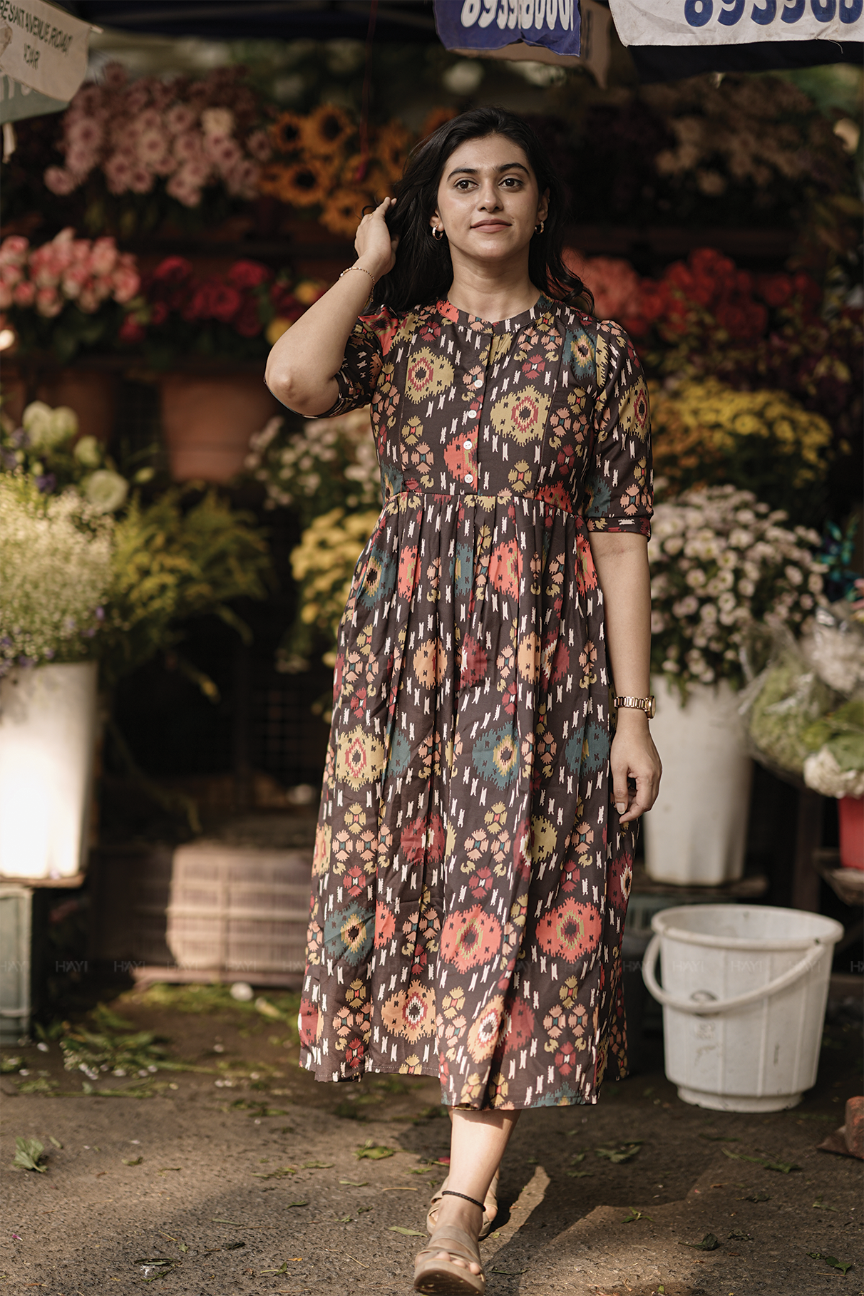 Browie Ikat Brown Printed Maternity and Feeding Maxi Dress