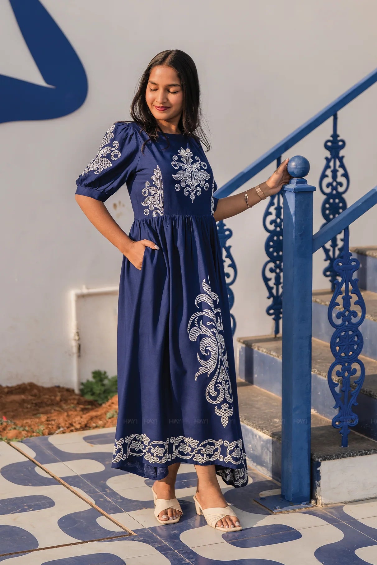 Ornate Panel Blue Viscose Dress with Boat Neck &amp; Puff Sleeves