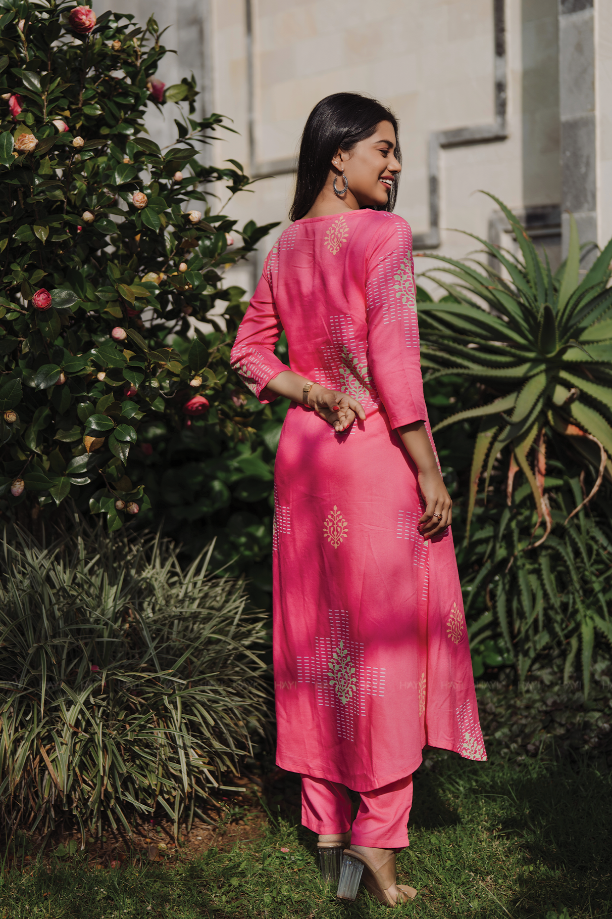 Fuchisa Charm Pink Viscose Co-ord with Boat Neck &amp; 3/4th Sleeves