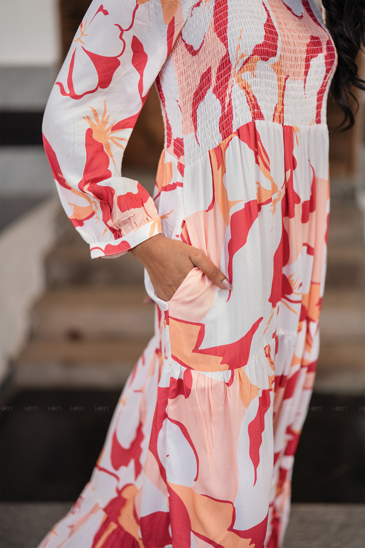 Sweet Sunset Beige Viscose Dress with Square Neckline &amp; 3/4 Sleeves with Gathered Cuffs