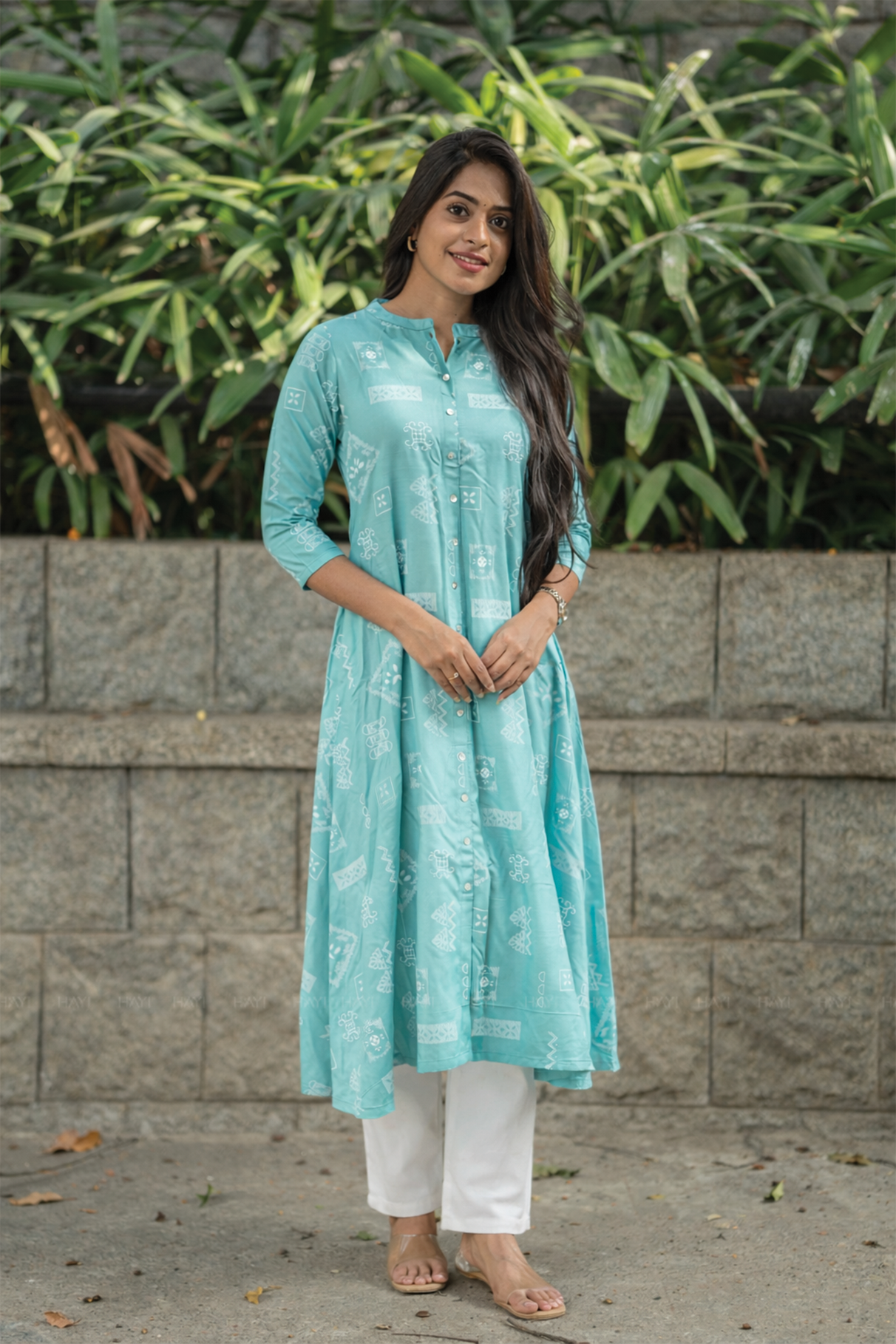 Mist Loom Blue Viscose A-Line Kurta with Chinese Collar &amp; 3/4th Sleeves