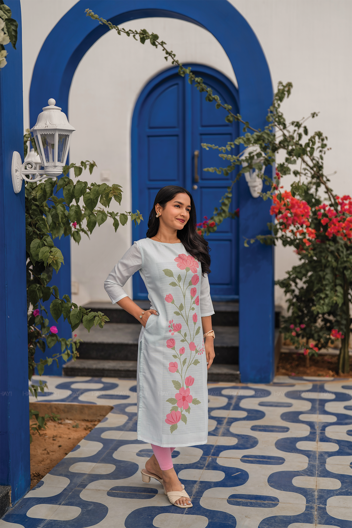 Floral Trail Blue Viscose Kurta with Boat Neck &amp; 3/4 Sleeves