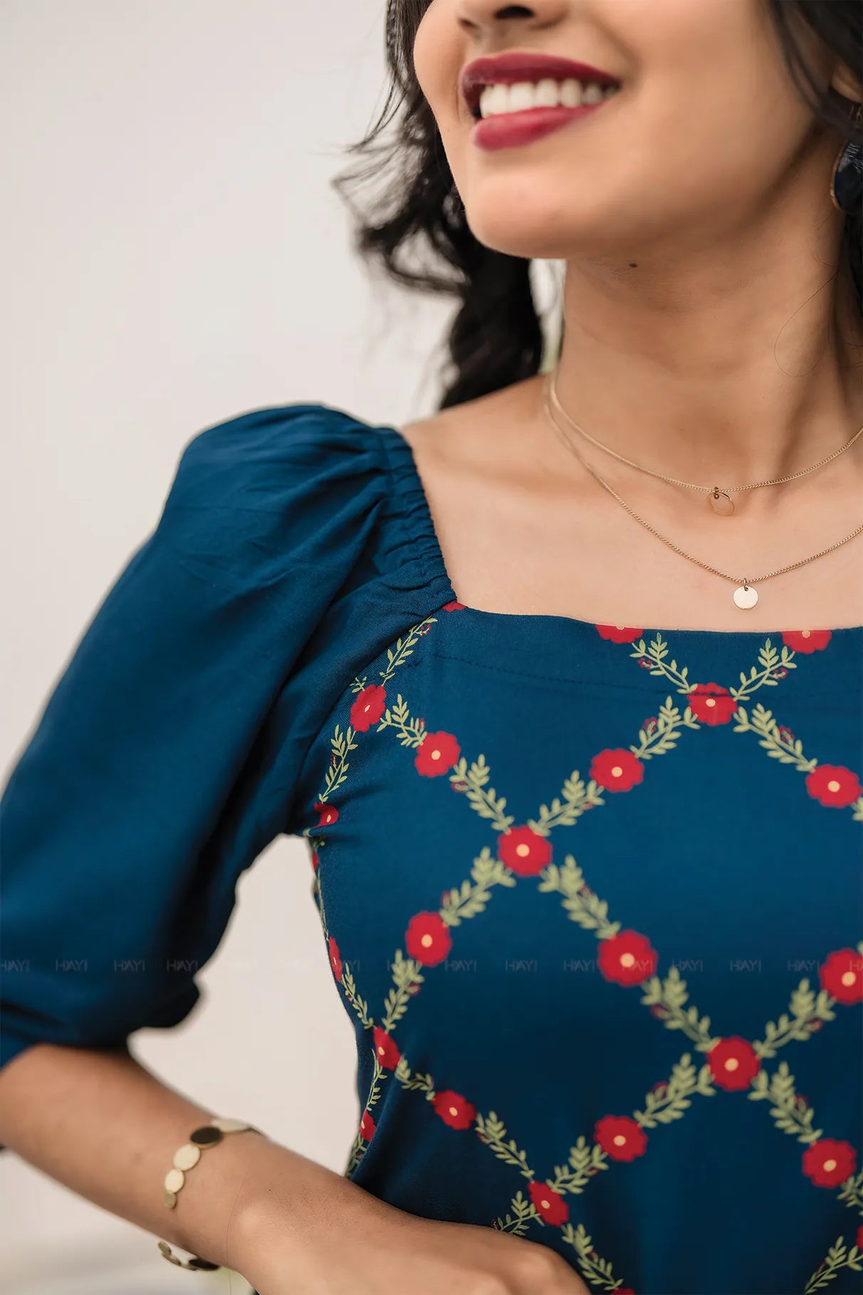 Regal Bloom Teal Viscose Dress with Square Neck &amp; 3/4th Sleeves