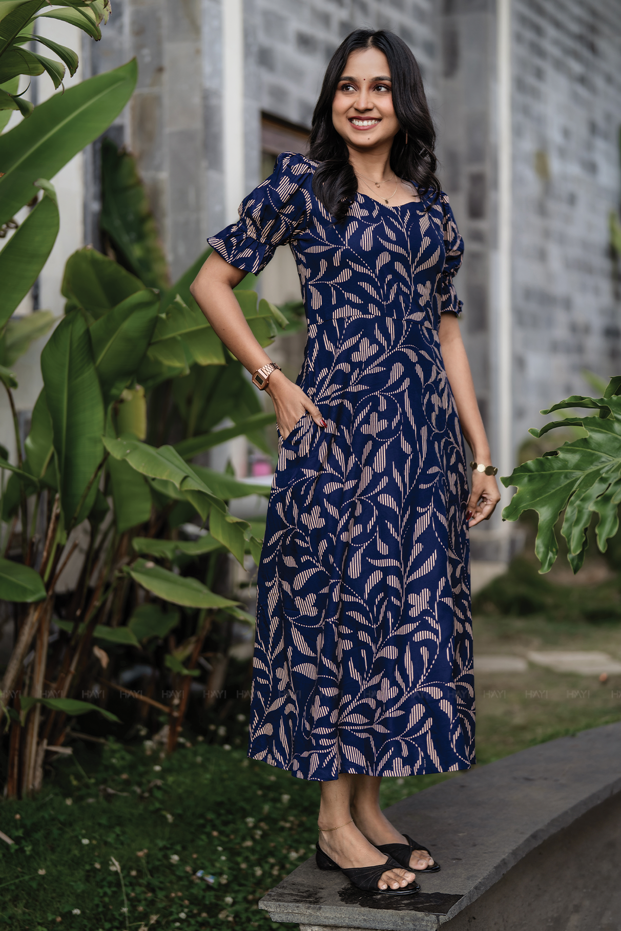 Navy Flowstroke Viscose Printed Aura dress