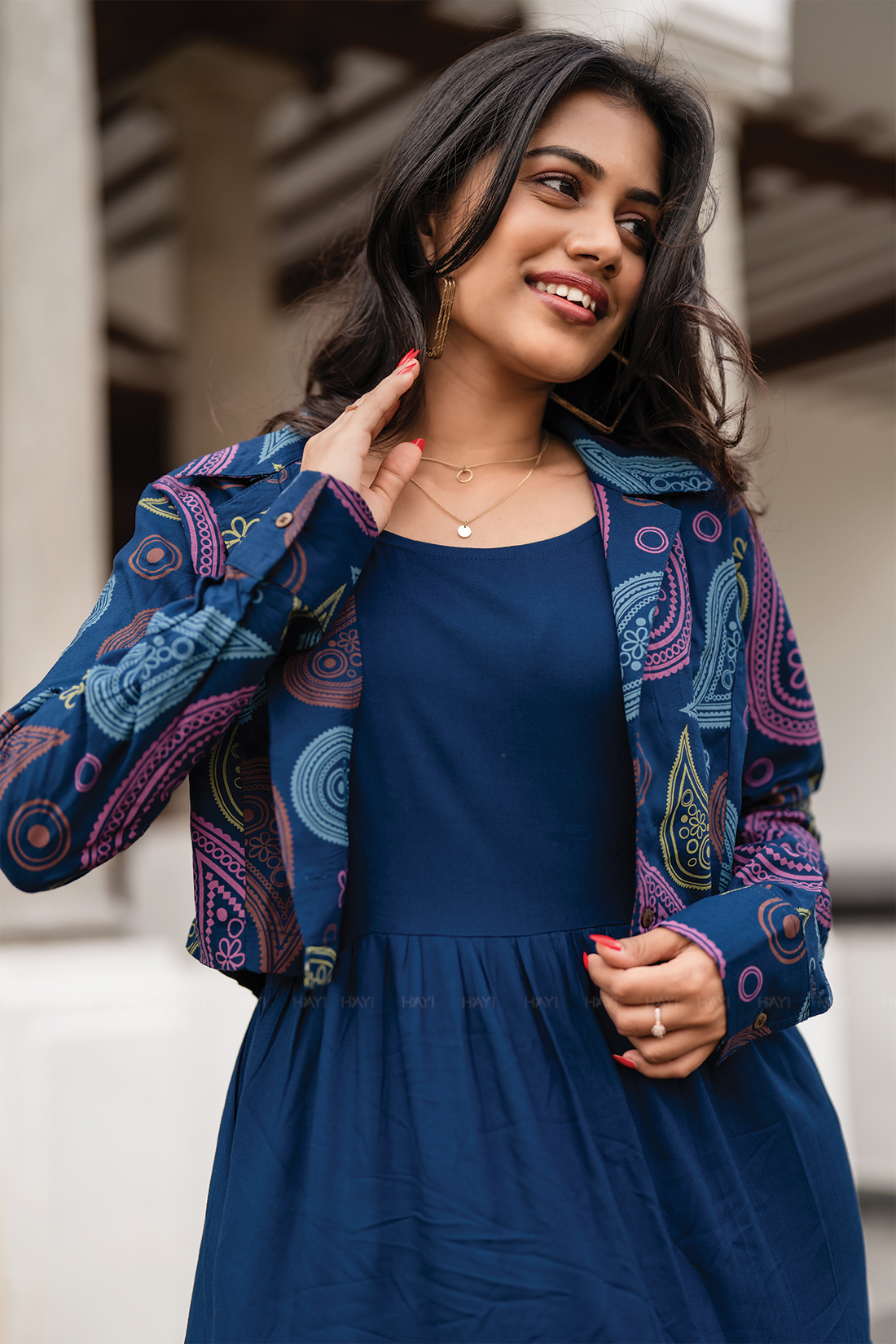 Neelcharm Blue Viscose Dress with Notch Collar Neck &amp; Overcoat