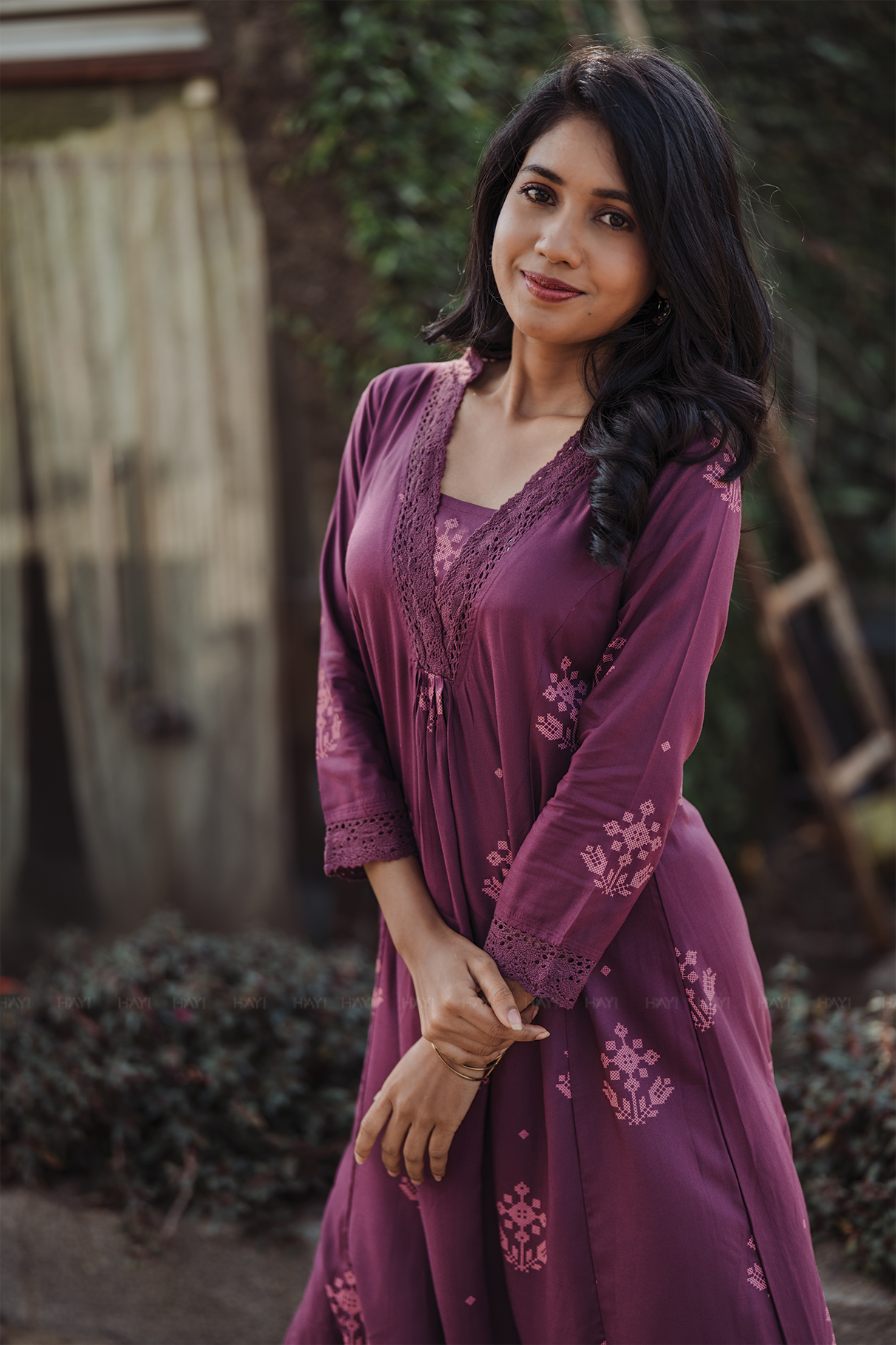 Plumi Pile Brown Viscose A-Line Kurta with V-Neck &amp; 3/4 Sleeves