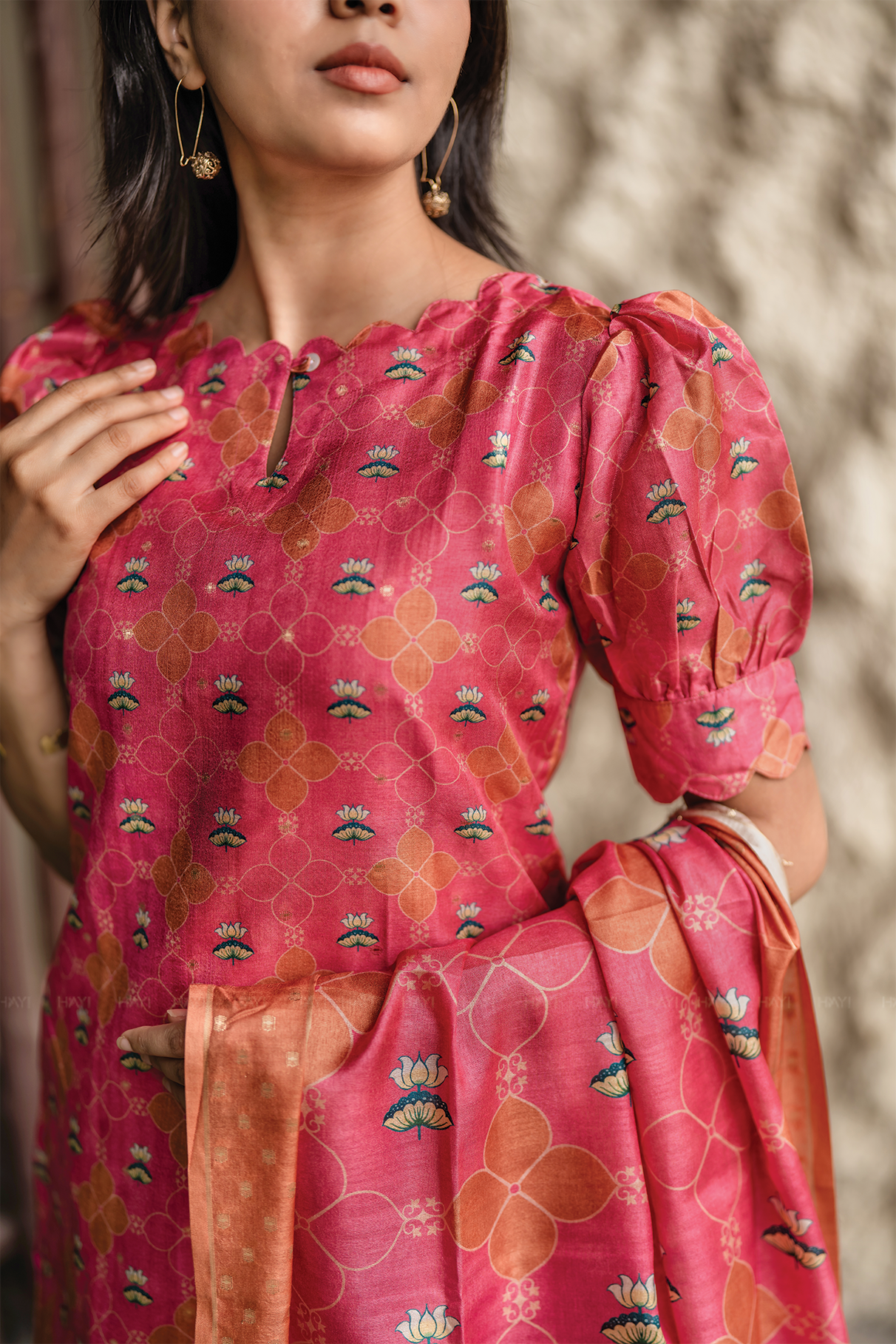Pink Heritage 3 Piece Tissue silk blend printed Kurta with Pant &amp; Dupatta