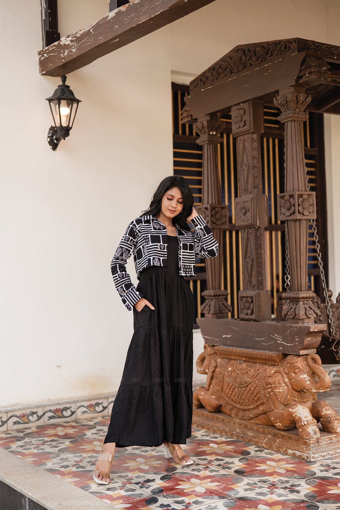 Black Script Cotton Dobby Dress with Notch Collar &amp; Overcoat