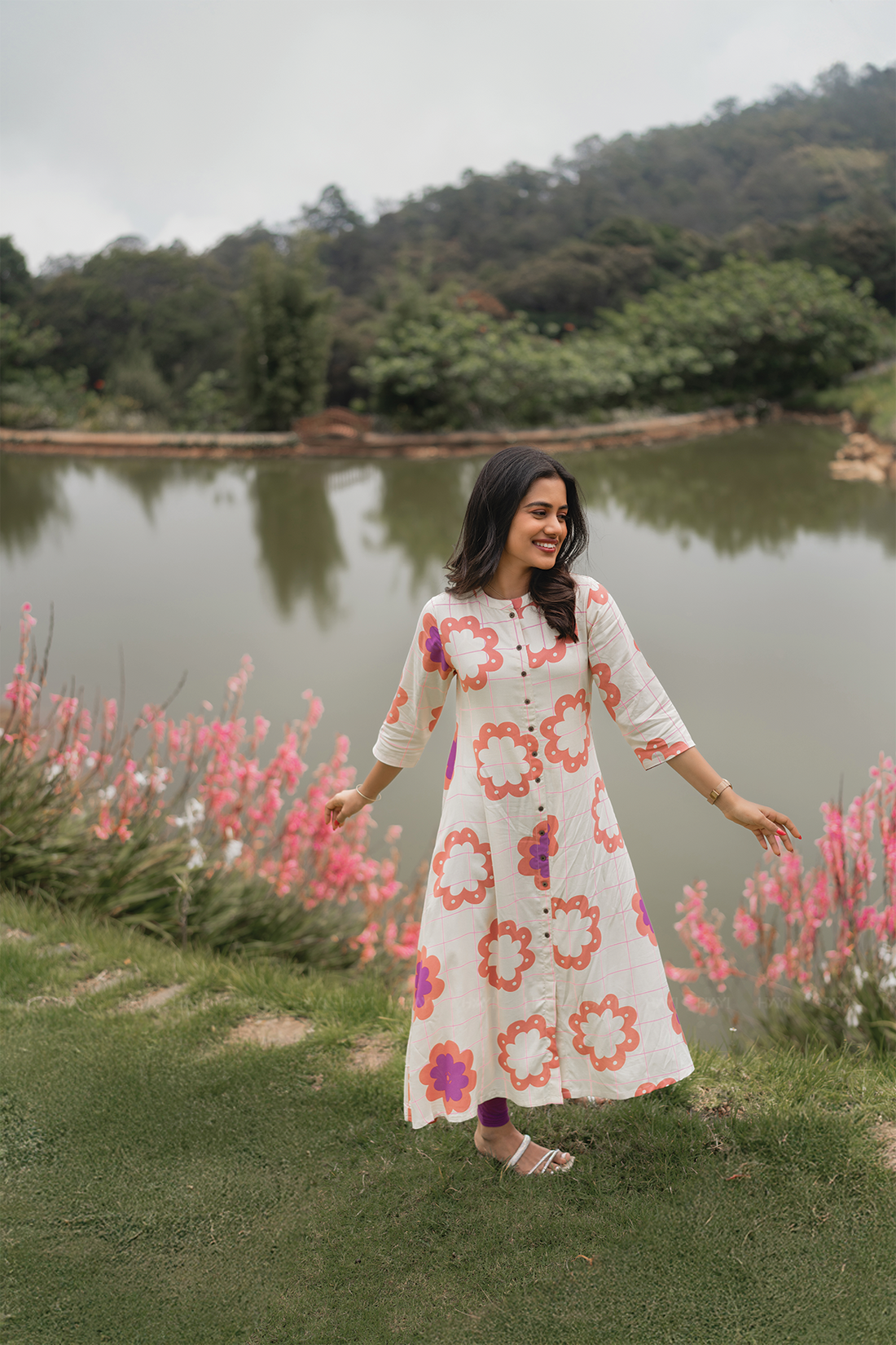 Floracheck Enchant Beige Viscose A-Line Kurta with Chinese Collar &amp; 3/4th Sleeves