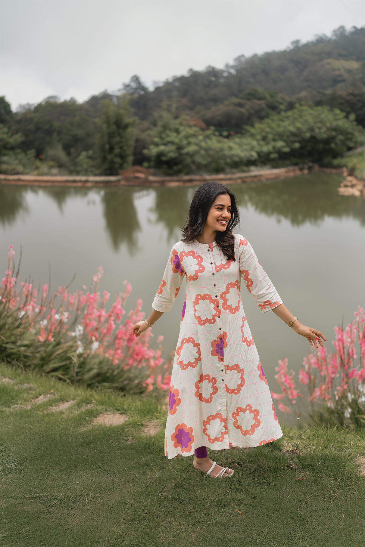 Floracheck Enchant Beige Viscose A-Line Kurta with Chinese Collar &amp; 3/4th Sleeves