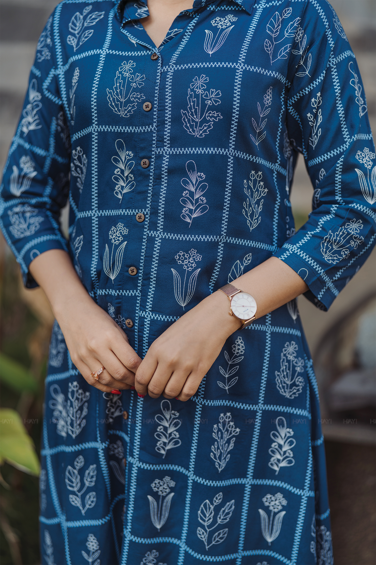 Monarch Shadow Blue Viscose Co-ord with Shirt Collar &amp; 3/4th Sleeves