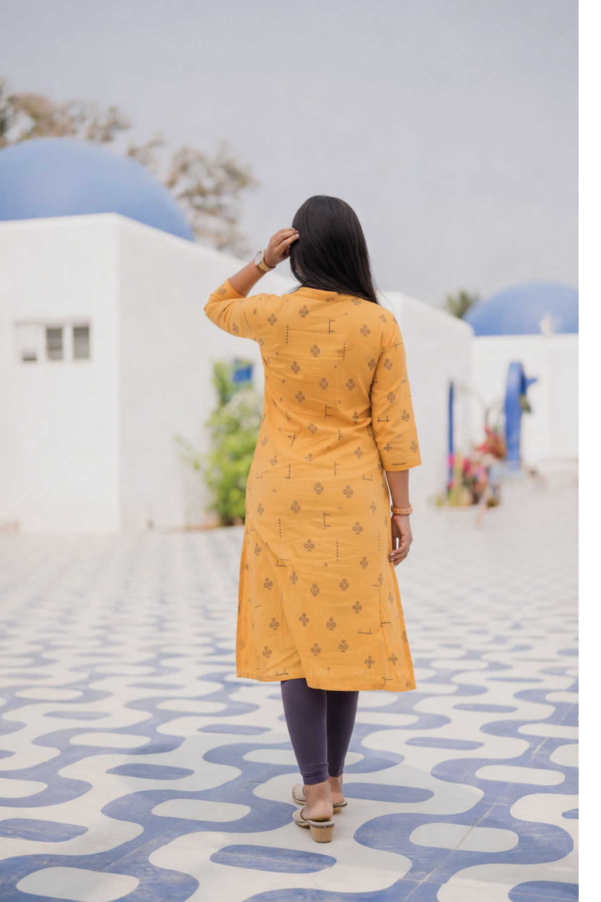 Terra Stitch Yellow Viscose Kurta with Chinese Collar &amp; 3/4 Sleeves