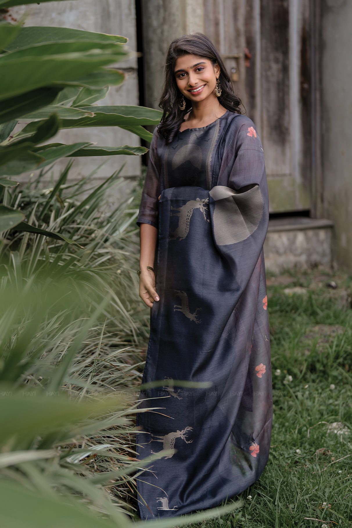 Graphite Elegance Printed Tussar Silk Kurta Set with Dupatta