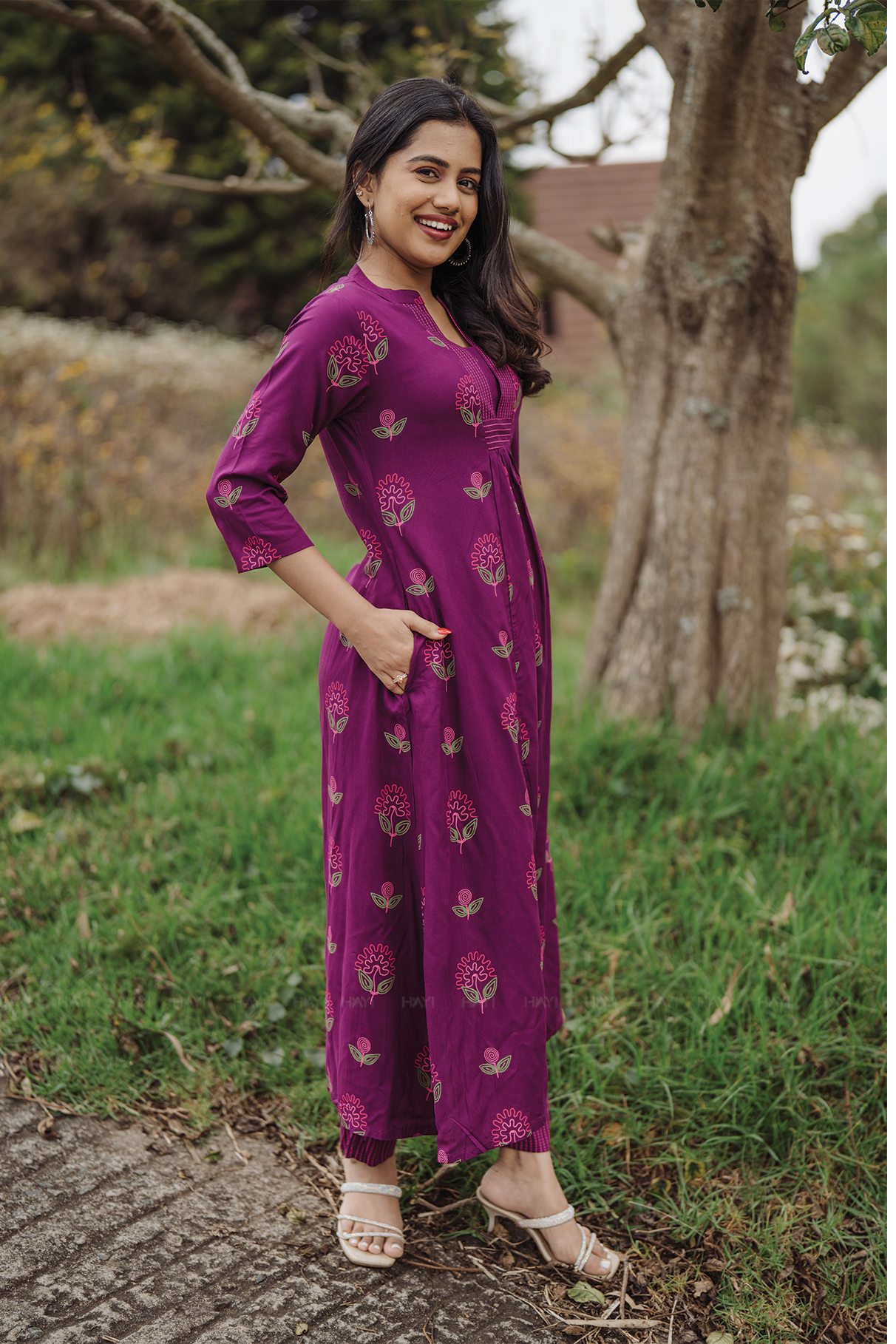 Twilight Flower Violet Viscose Co-ord with Chinese Collar &amp; 3/4th Sleeves
