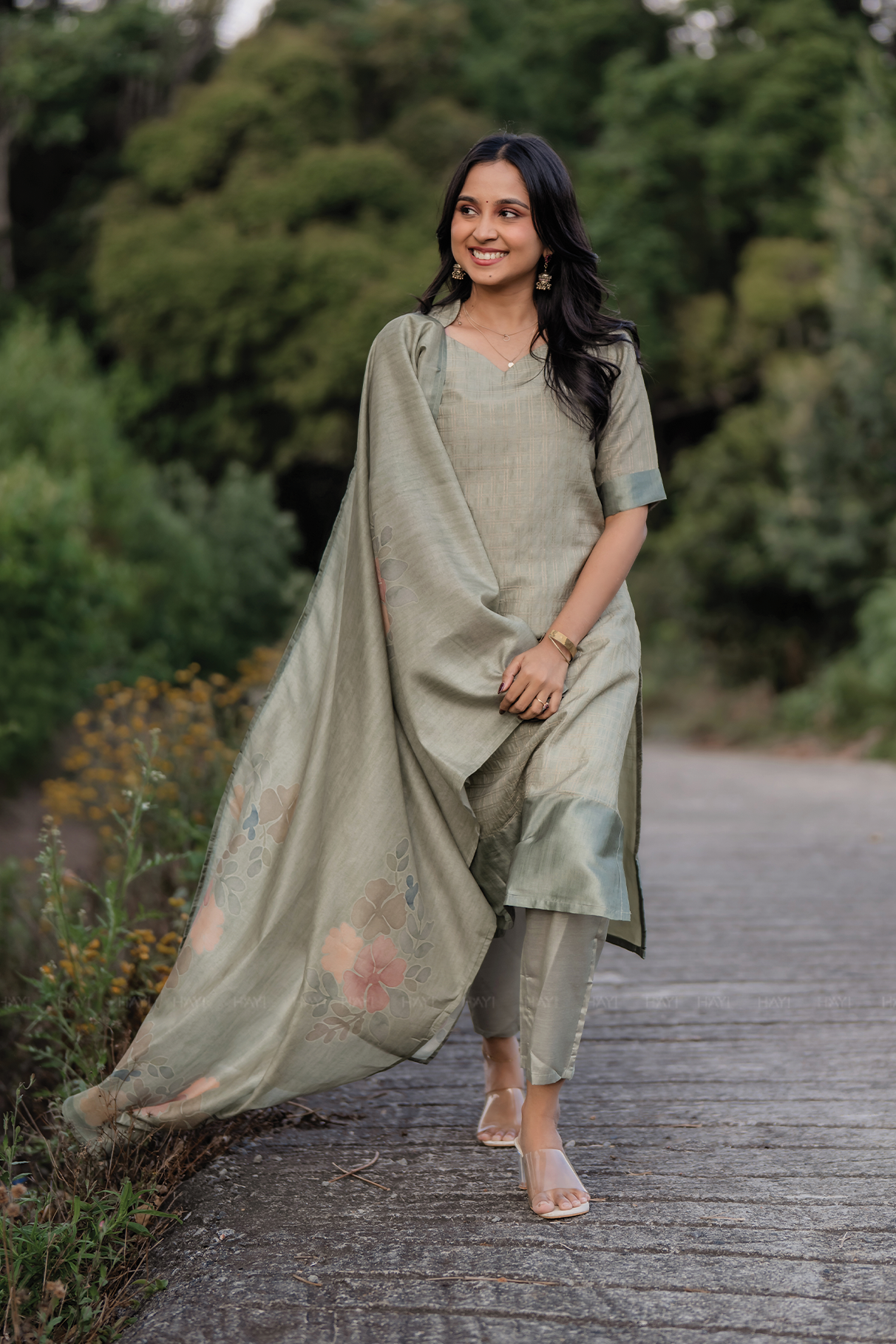 Olive Green 3 Piece Tussar Silk Printed Kurta Set with Dupatta