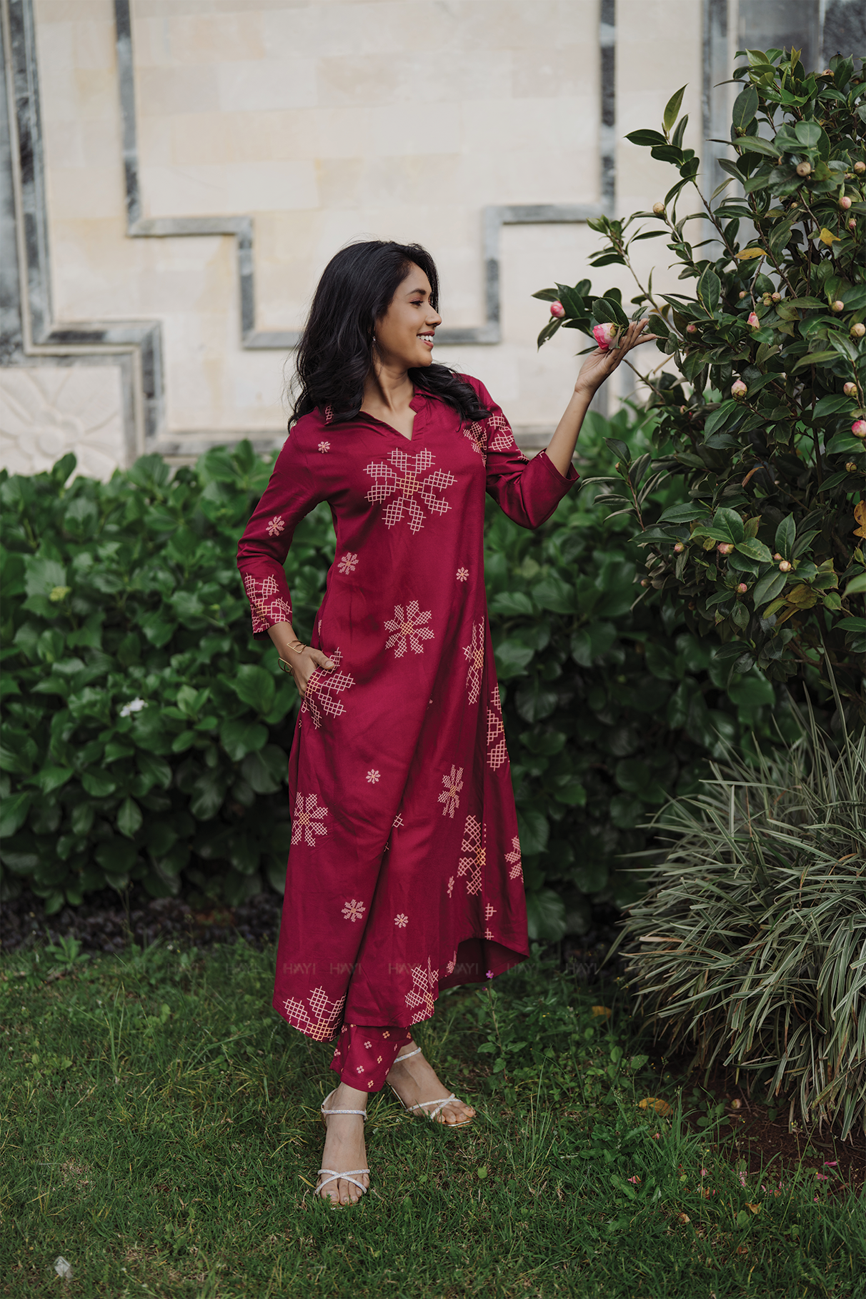 Maroon Mosaic Viscose Co-ord with Shirt Collar &amp; 3/4th Sleeves