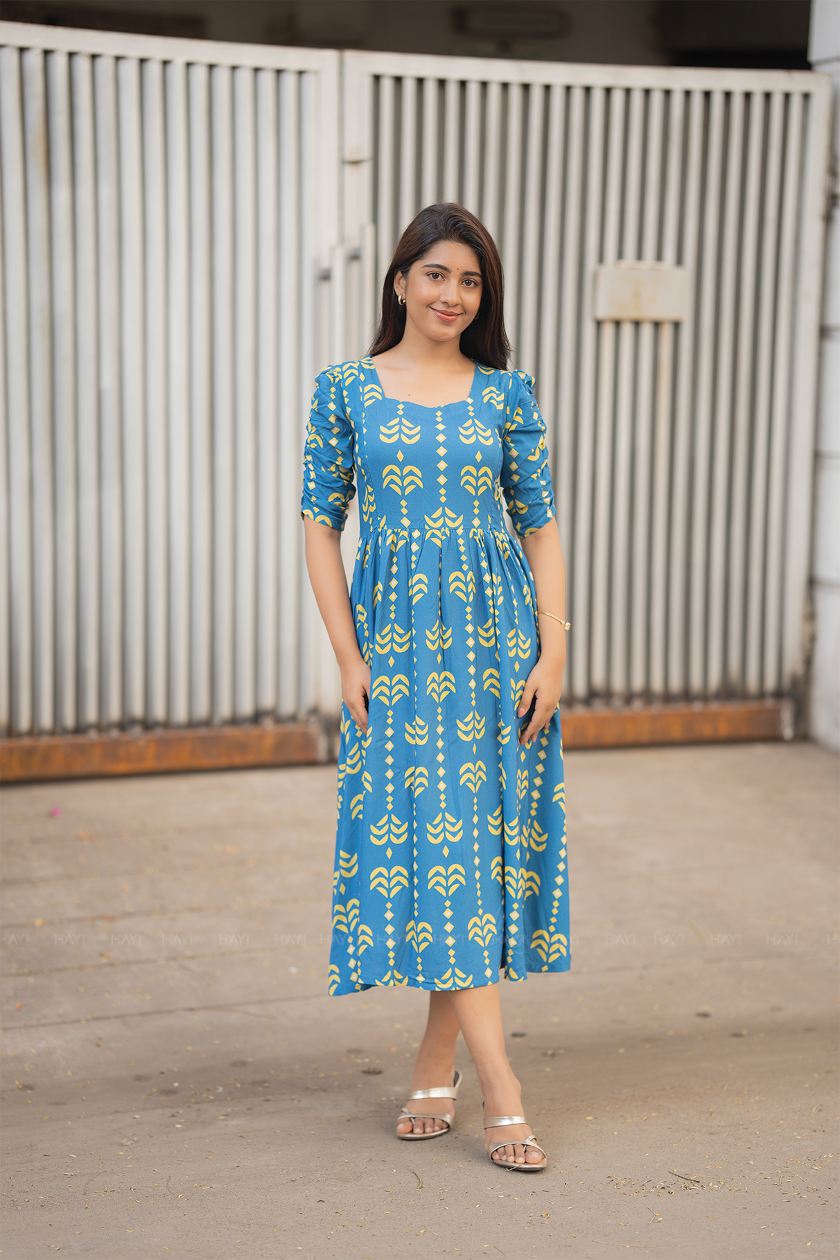 Rhythm Weave Blue Printed Maternity and Feeding Viscose Dress