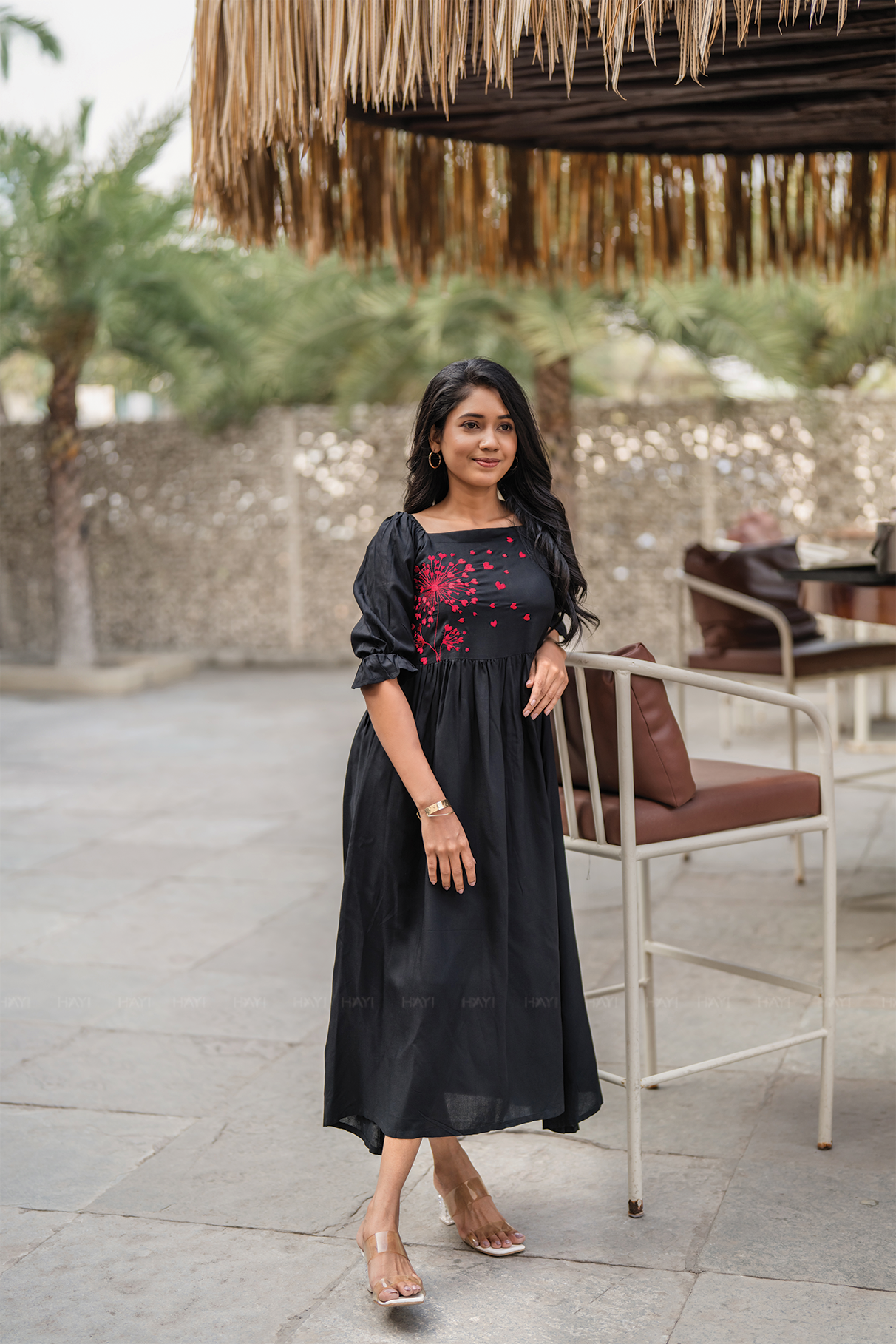 Wounded Rose Black Viscose Embroidered Dress with Square Neck &amp; Elasticated Frill Sleeve Cuffs