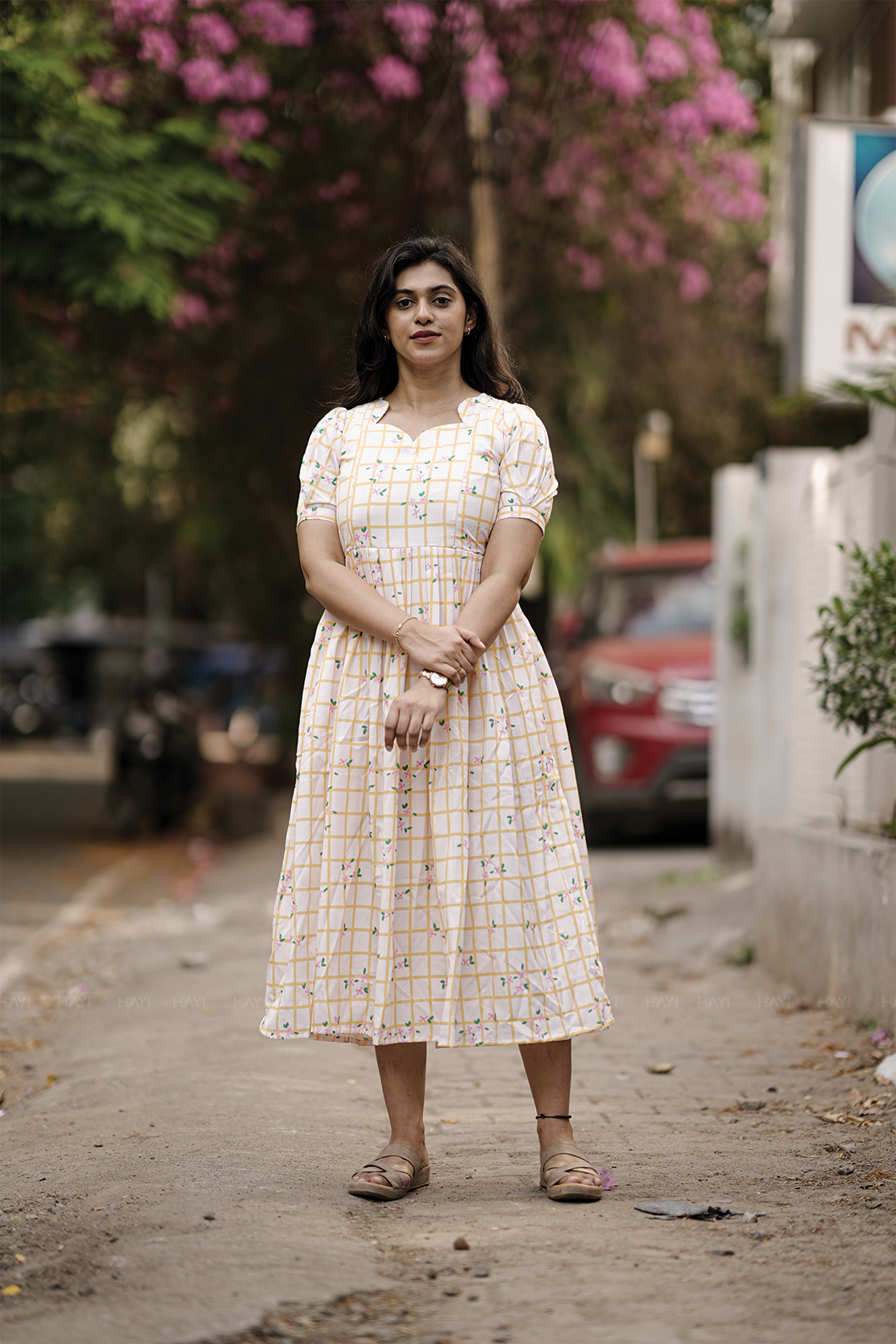 Florentia Grid Yellow Printed Maternity and Feeding maxi Dress