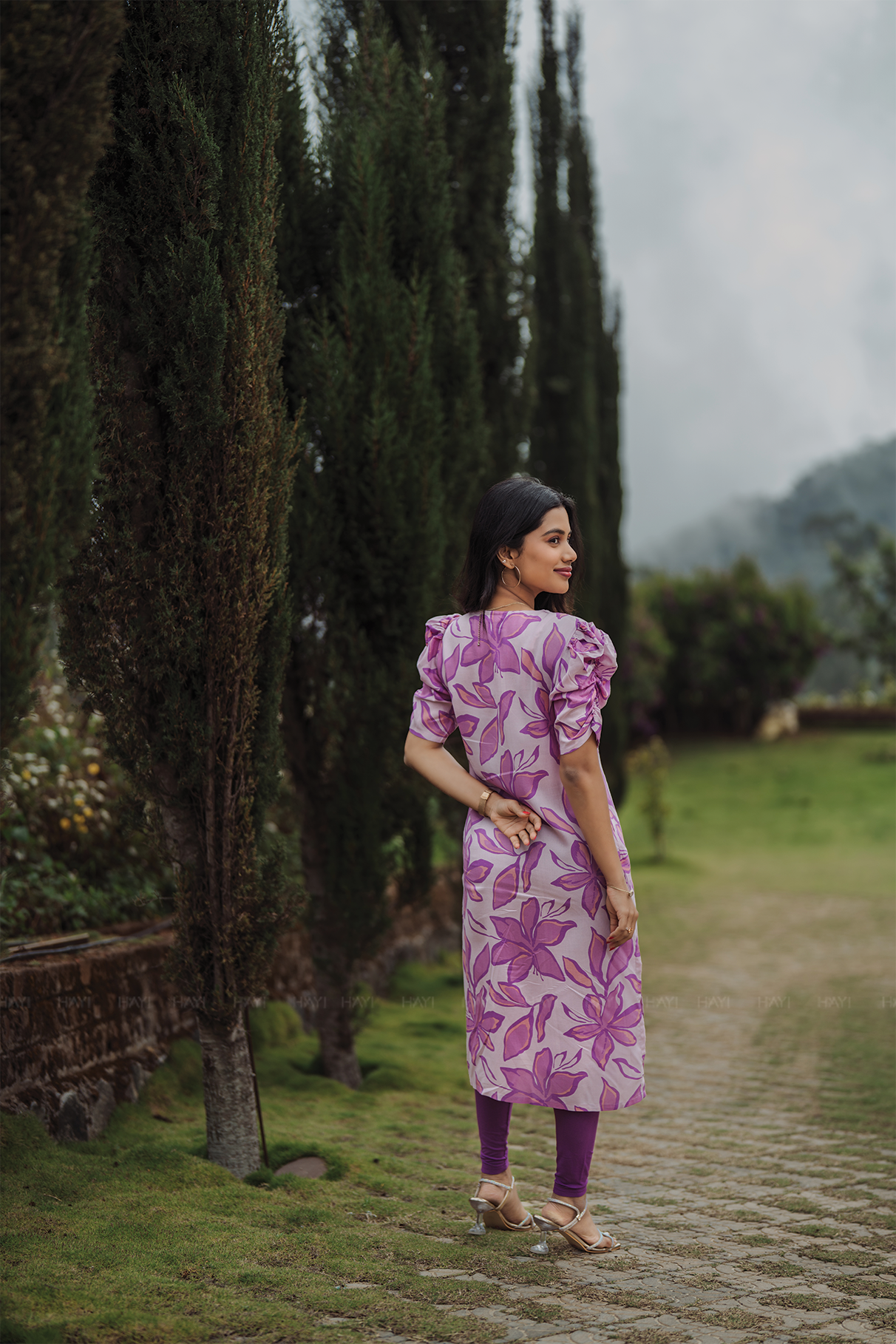 Meadow Grace Lavender Viscose Kurta with V-Neckline &amp; Ruched Sleeves