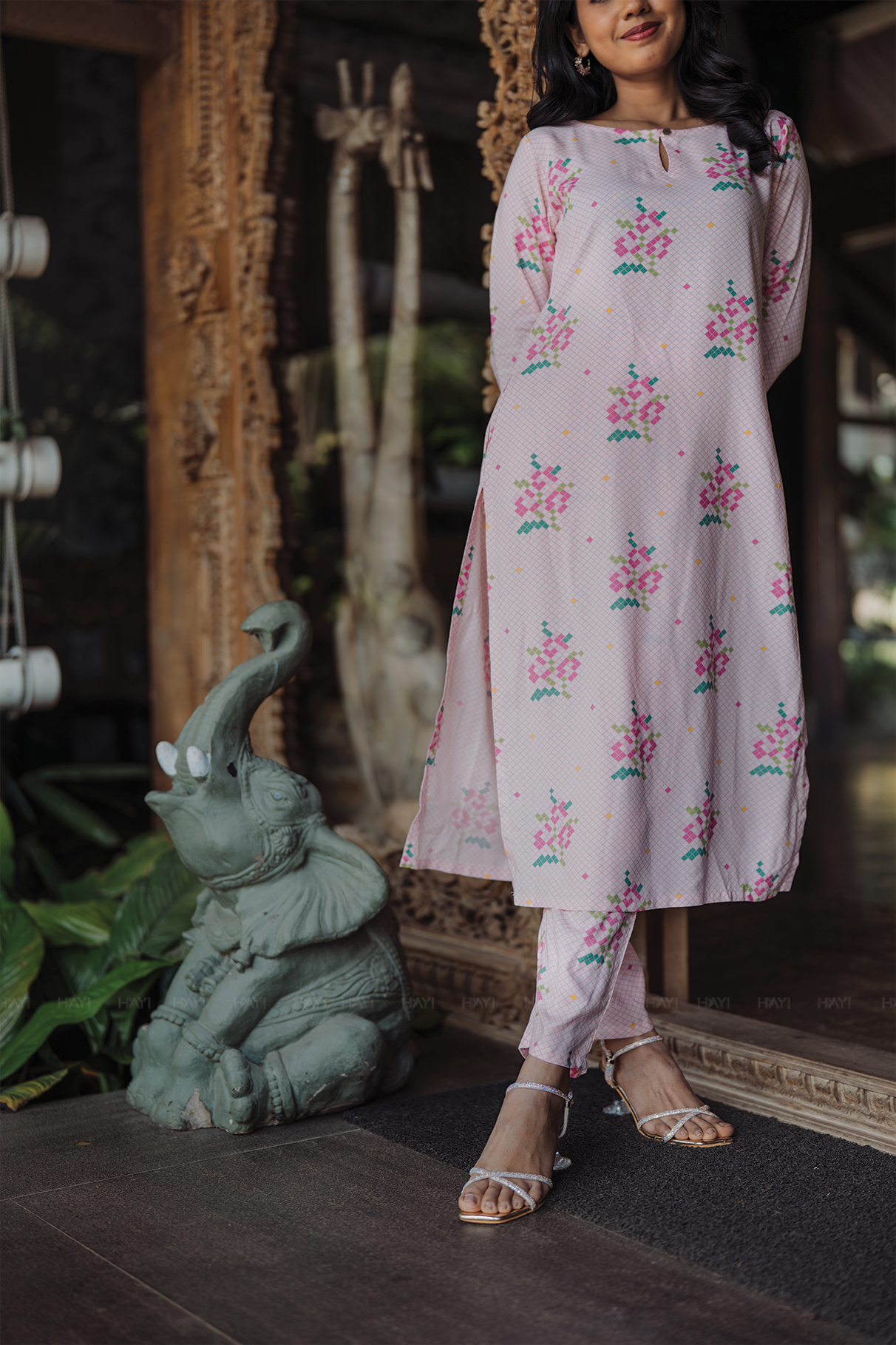 Petal Pixel Charm Pink Viscose Co-ord with Boat Neck &amp; 3/4th Sleeves