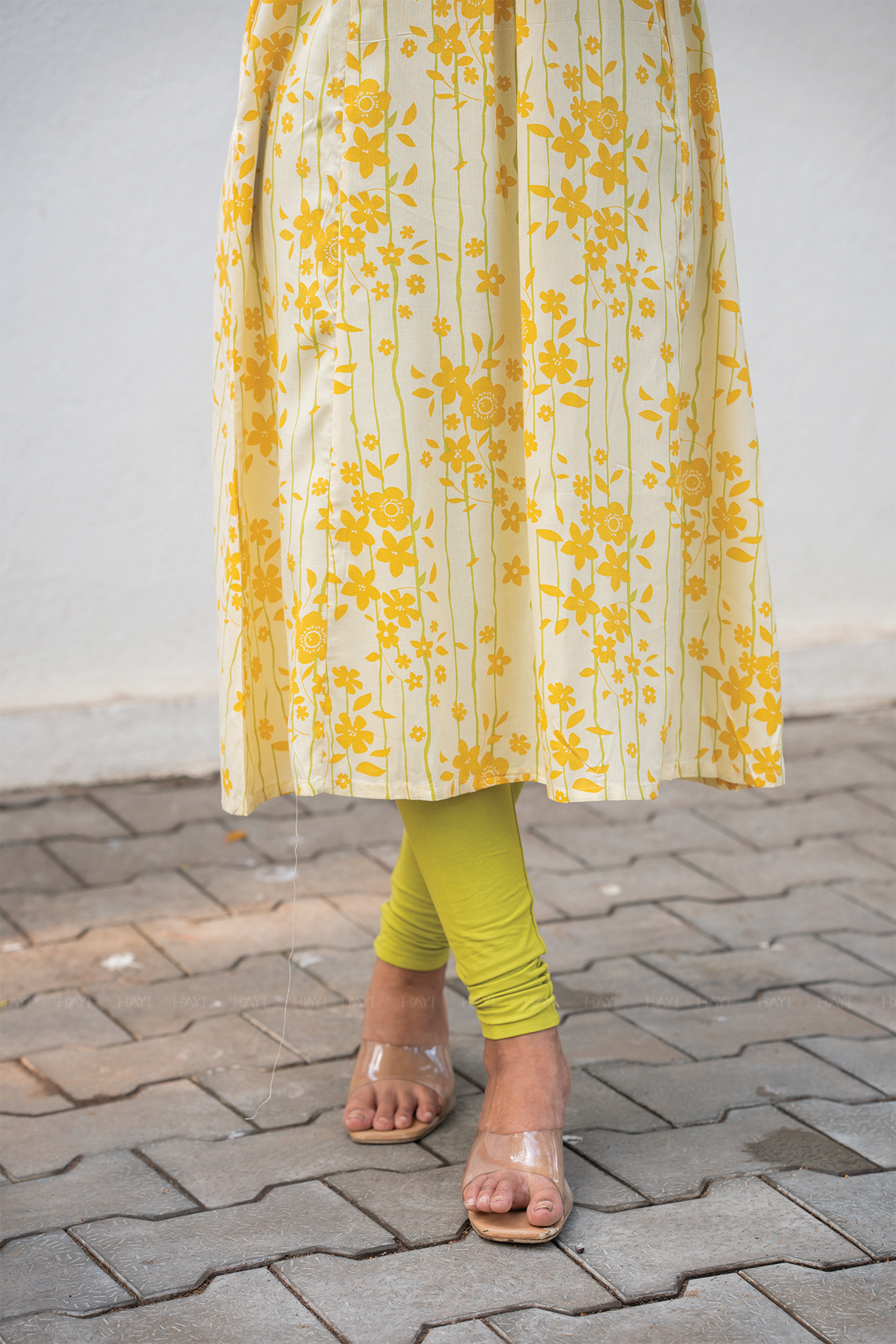 Liora Floral Line Yellow Viscose A-Line Kurta with V-Neck &amp; 3/4th Sleeves