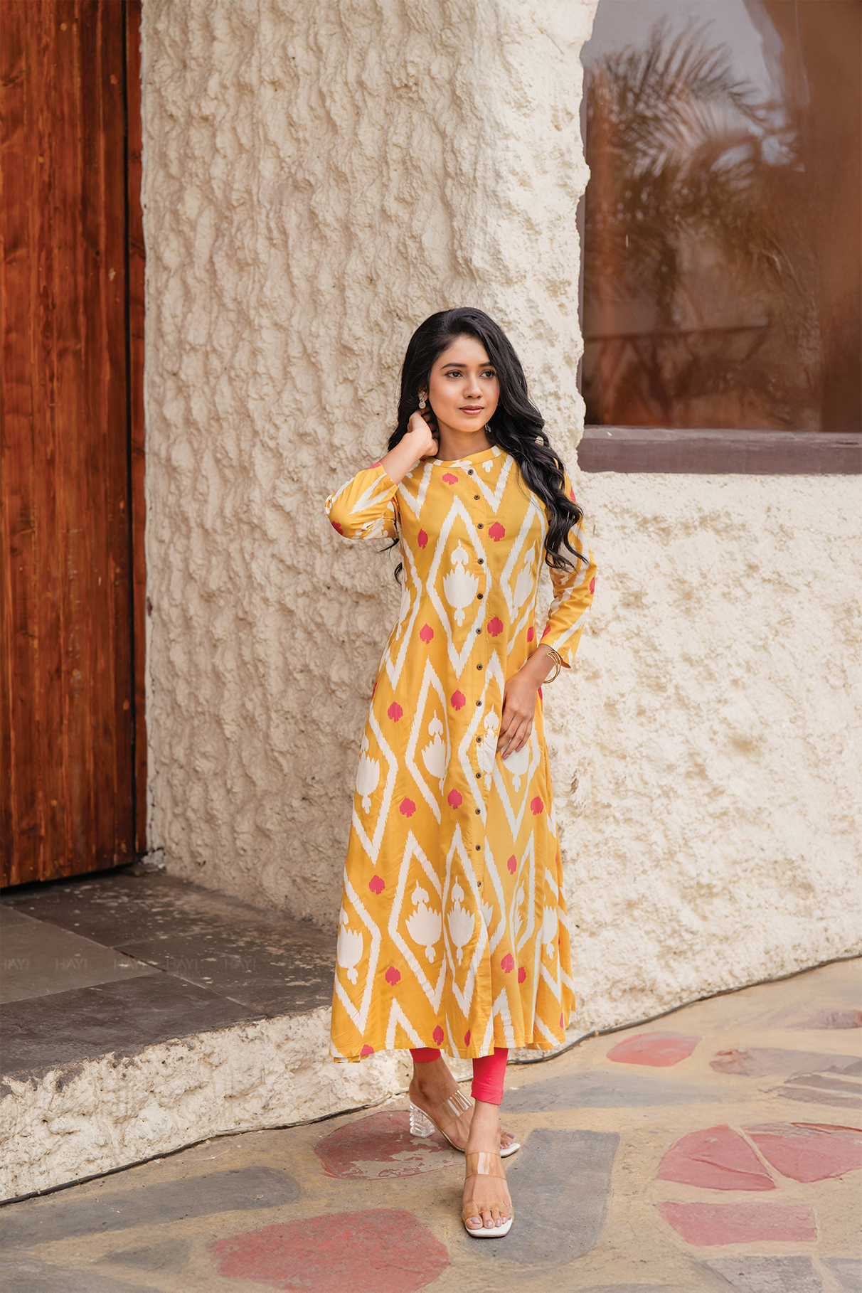 Ikat Flow Yellow Viscose A-Line Kurta with Chinese Collar &amp; 3/4th Sleeves