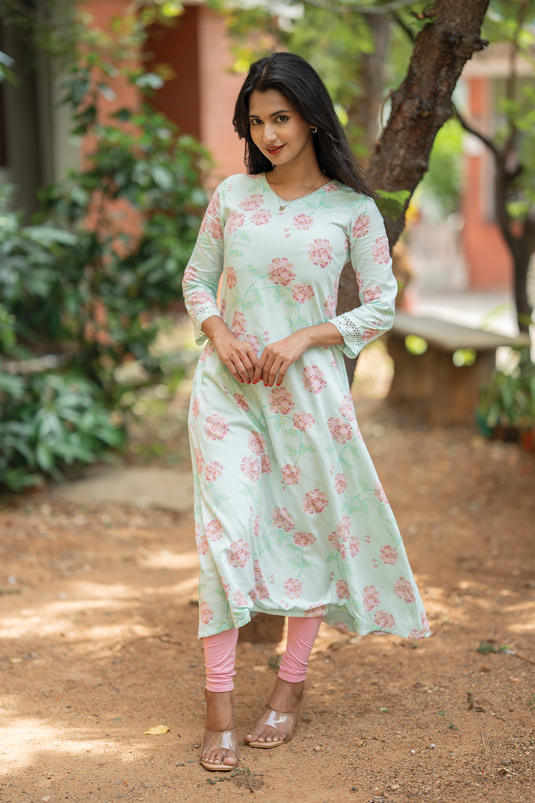 Pastelmist Lora Blue Viscose A-Line Kurta with V-Neck &amp; 3/4th Sleeves